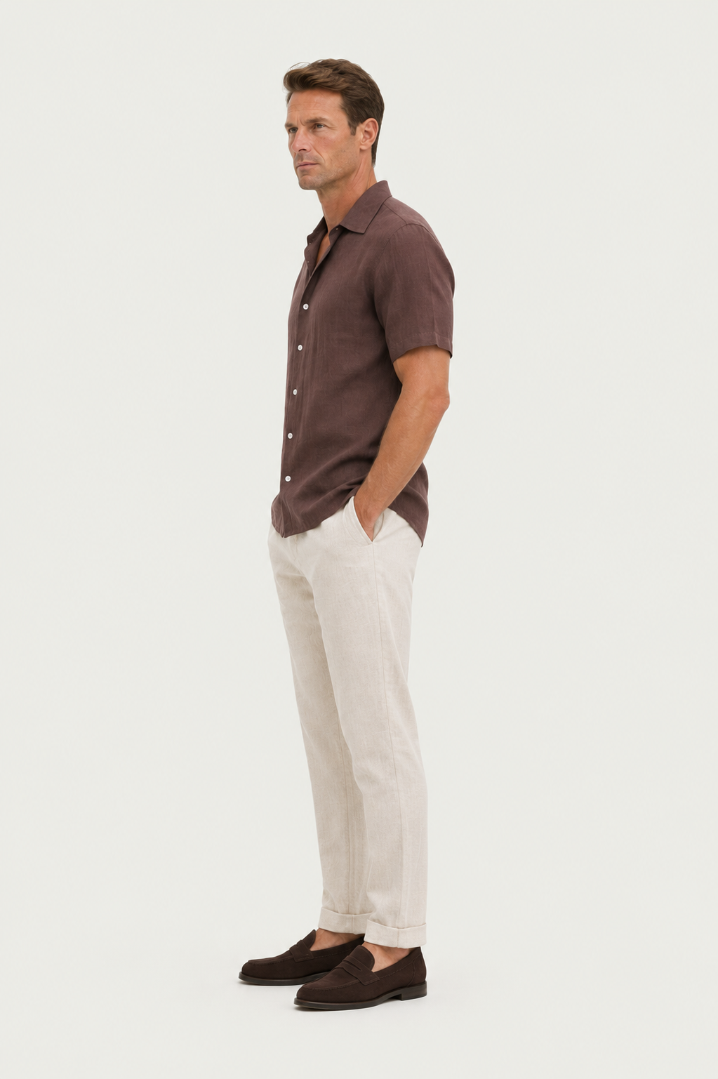 Linen Rayon Blend Up Shirt & Straight Leg Linen Pants Coffee