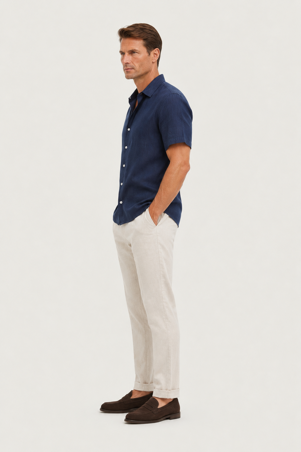 Linen Rayon Blend Button Up Shirt & Straight Leg Linen Pants Navy