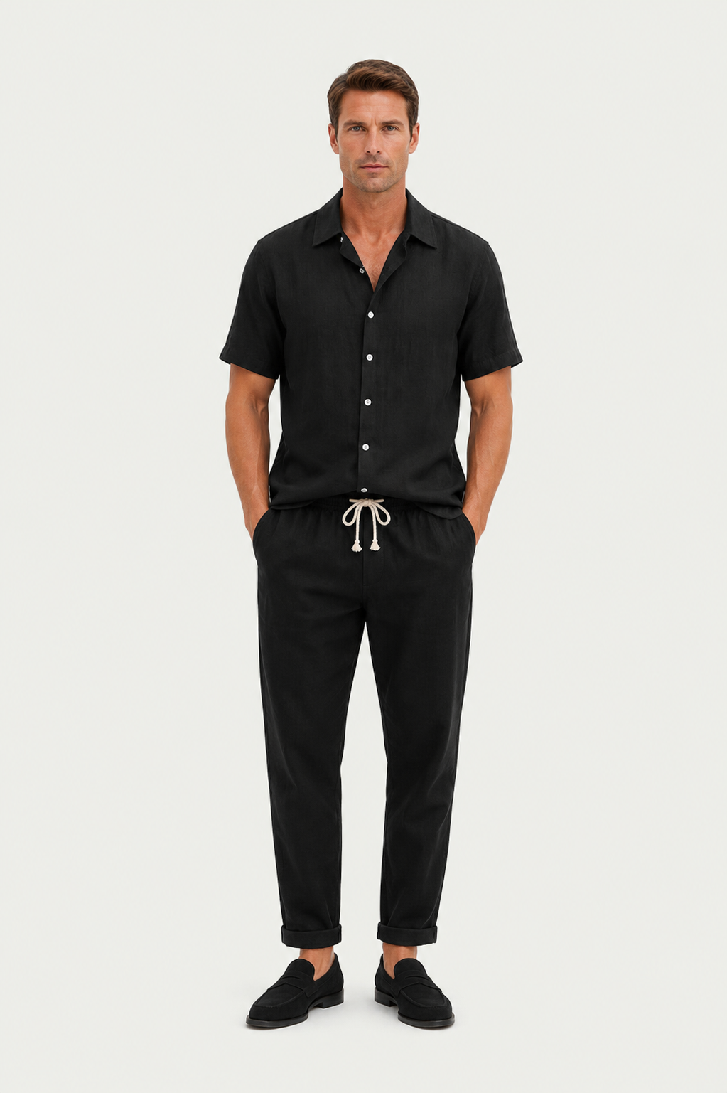 Linen Rayon Blend Up Shirt & Straight Leg Linen Pants Black