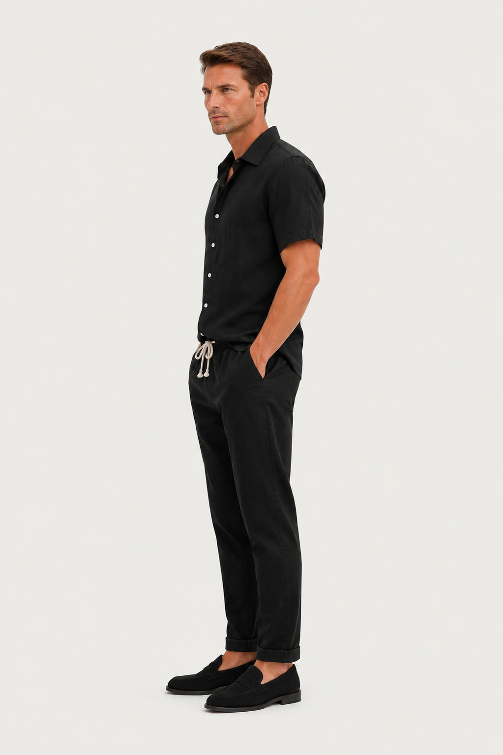 Linen Rayon Blend Up Shirt & Straight Leg Linen Pants Black
