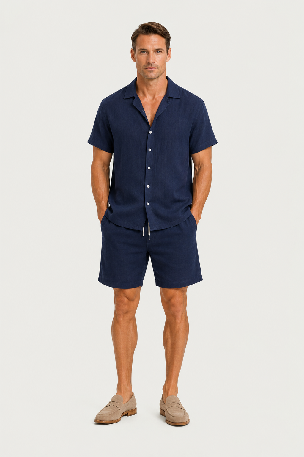 Linen Rayon Blend Button Up Shirt Navy