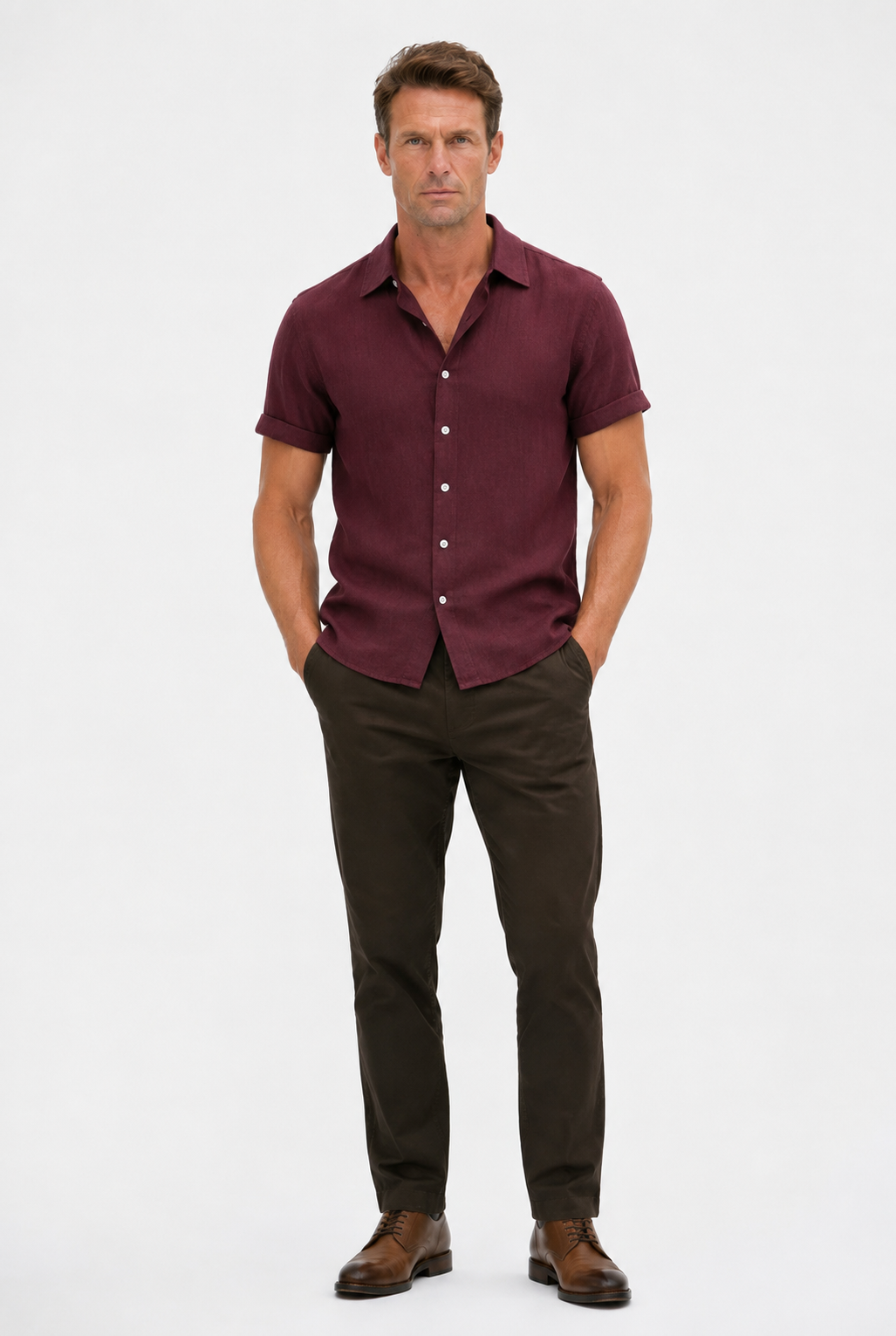 Linen Rayon Blend Button Up Shirt Maroon
