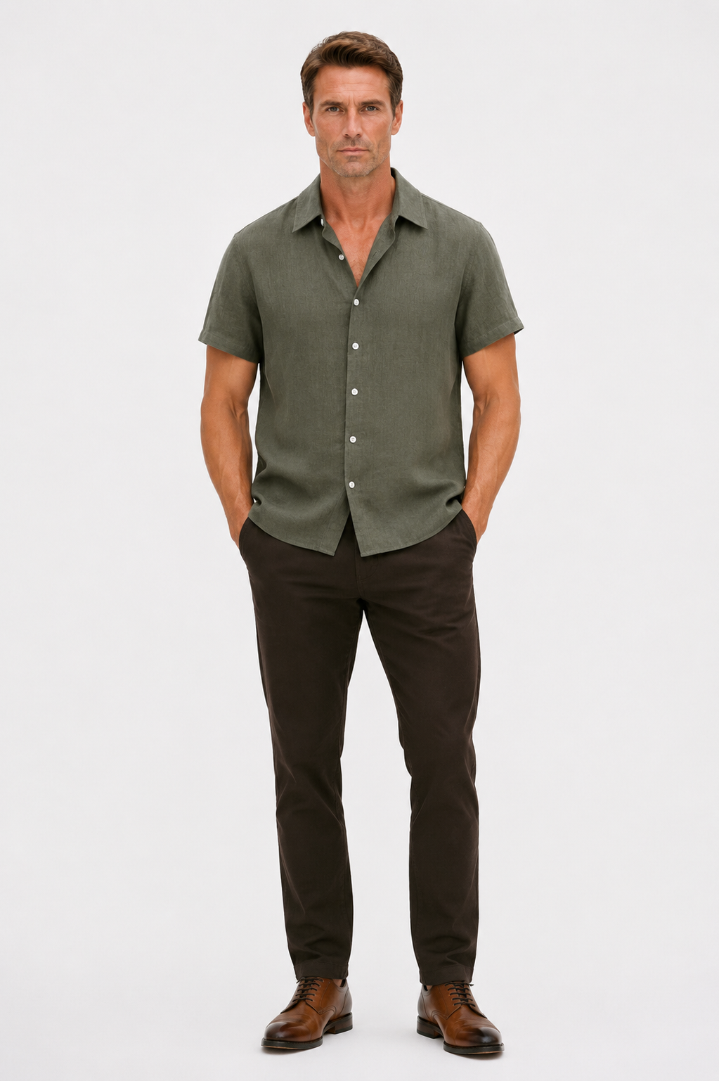 Linen Rayon Blend Button Up Shirt Darkgreen