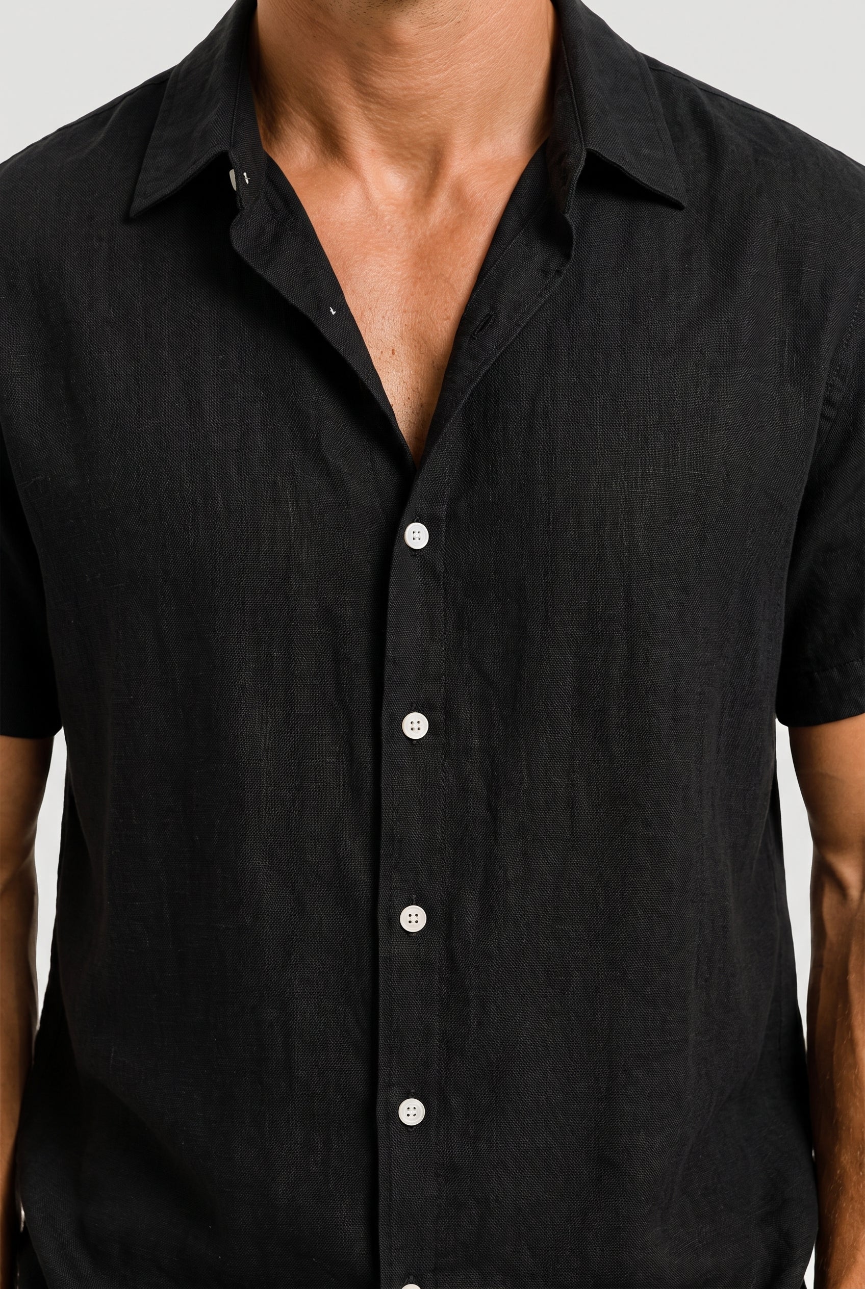 Linen Rayon Blend Button Up Shirt Black