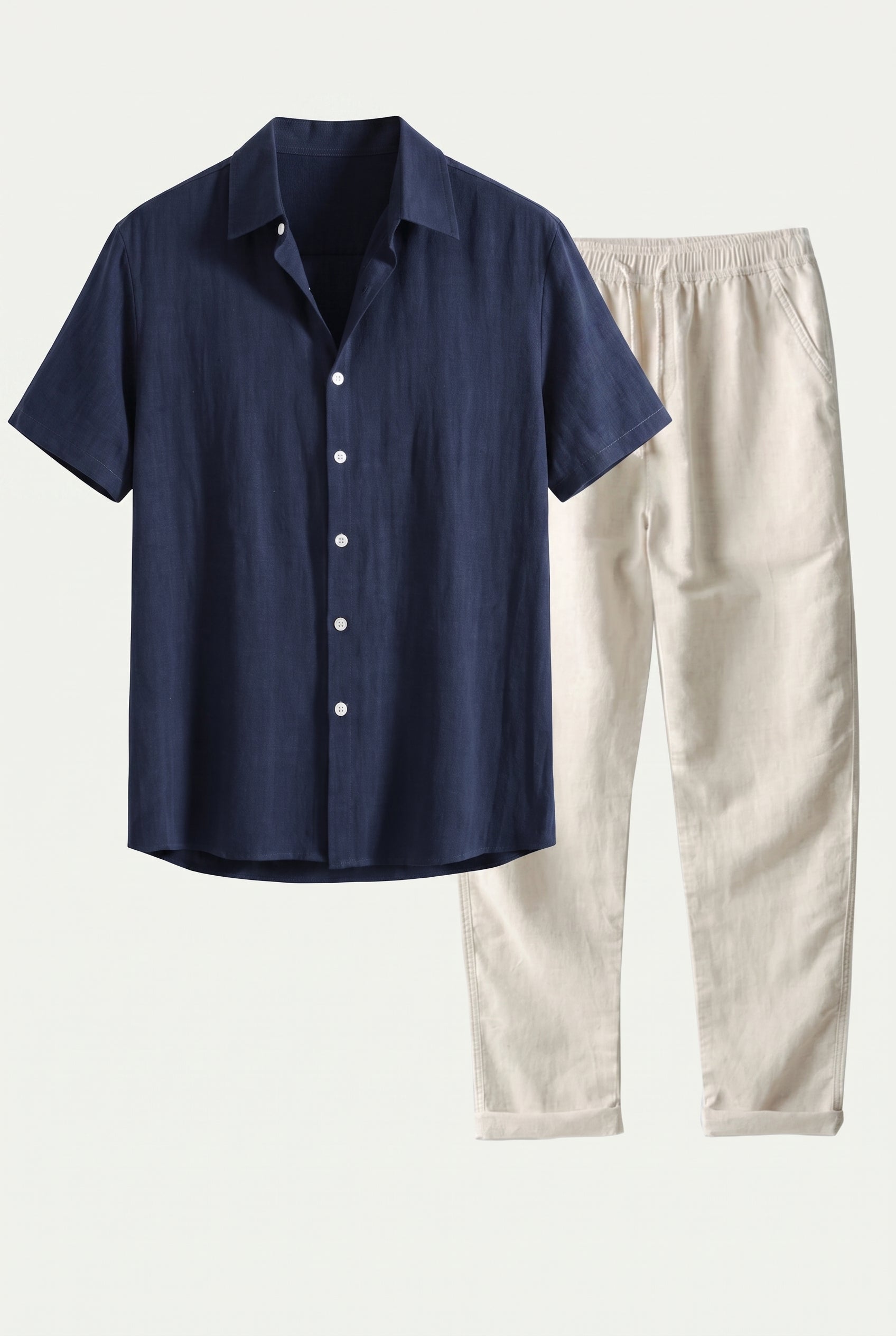 Linen Rayon Blend Button Up Shirt & Straight Leg Linen Pants Navy