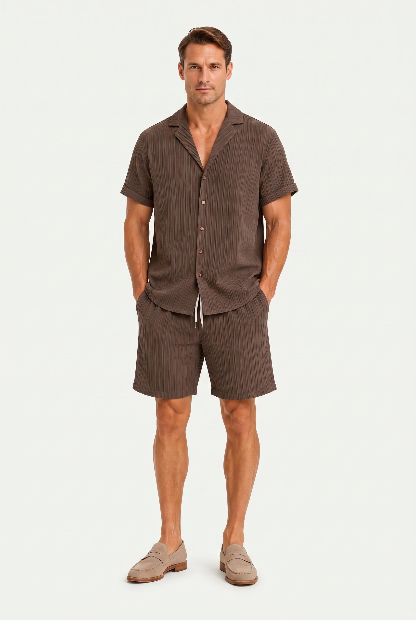 Linen Pleated Summer Set – Espresso Brown