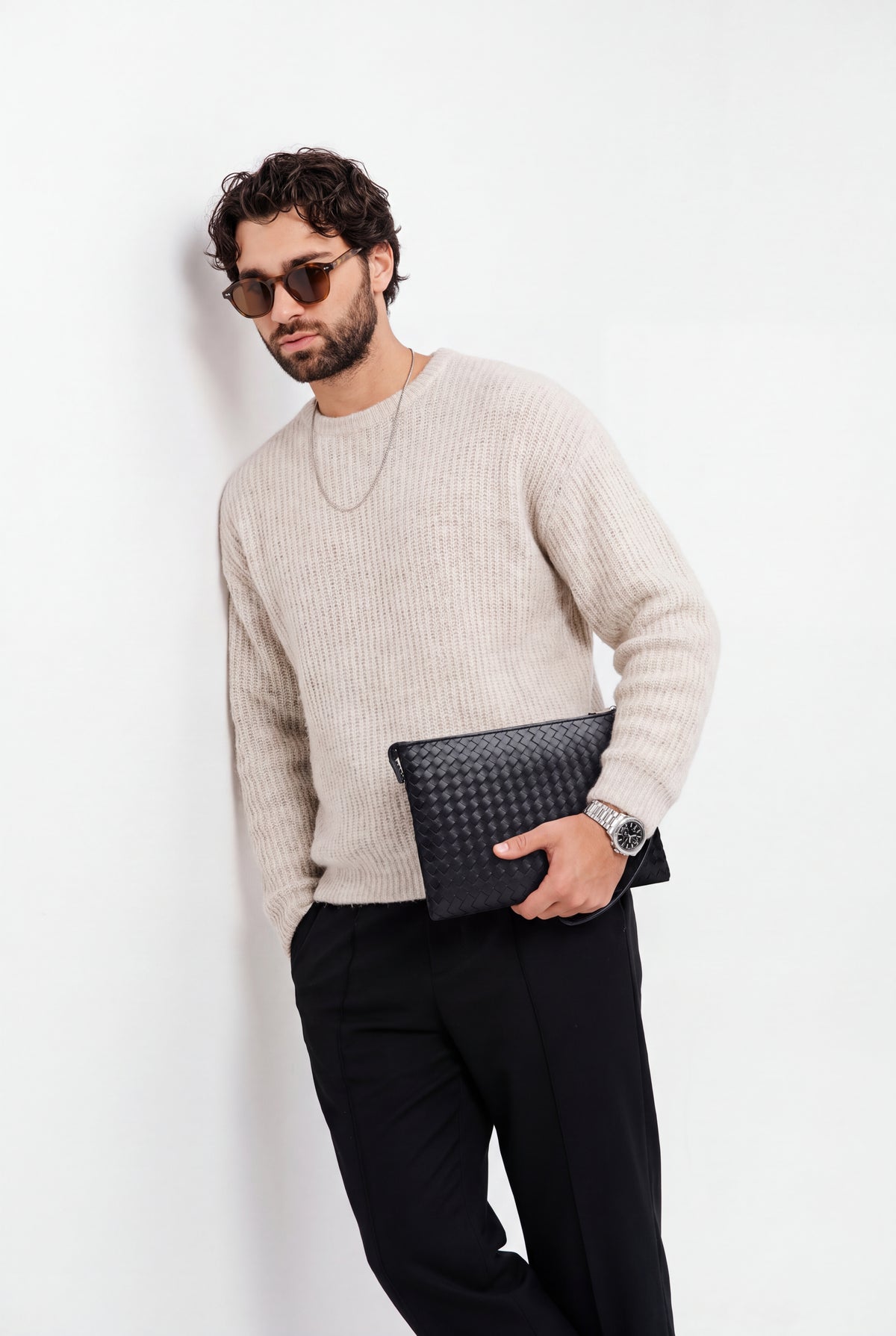 Mirsino Woven Leather Clutch - Black