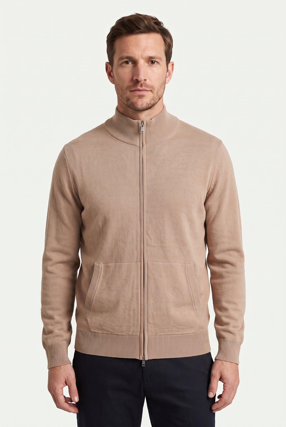 Mongolian Cashmere Full Zip Sweater Beige