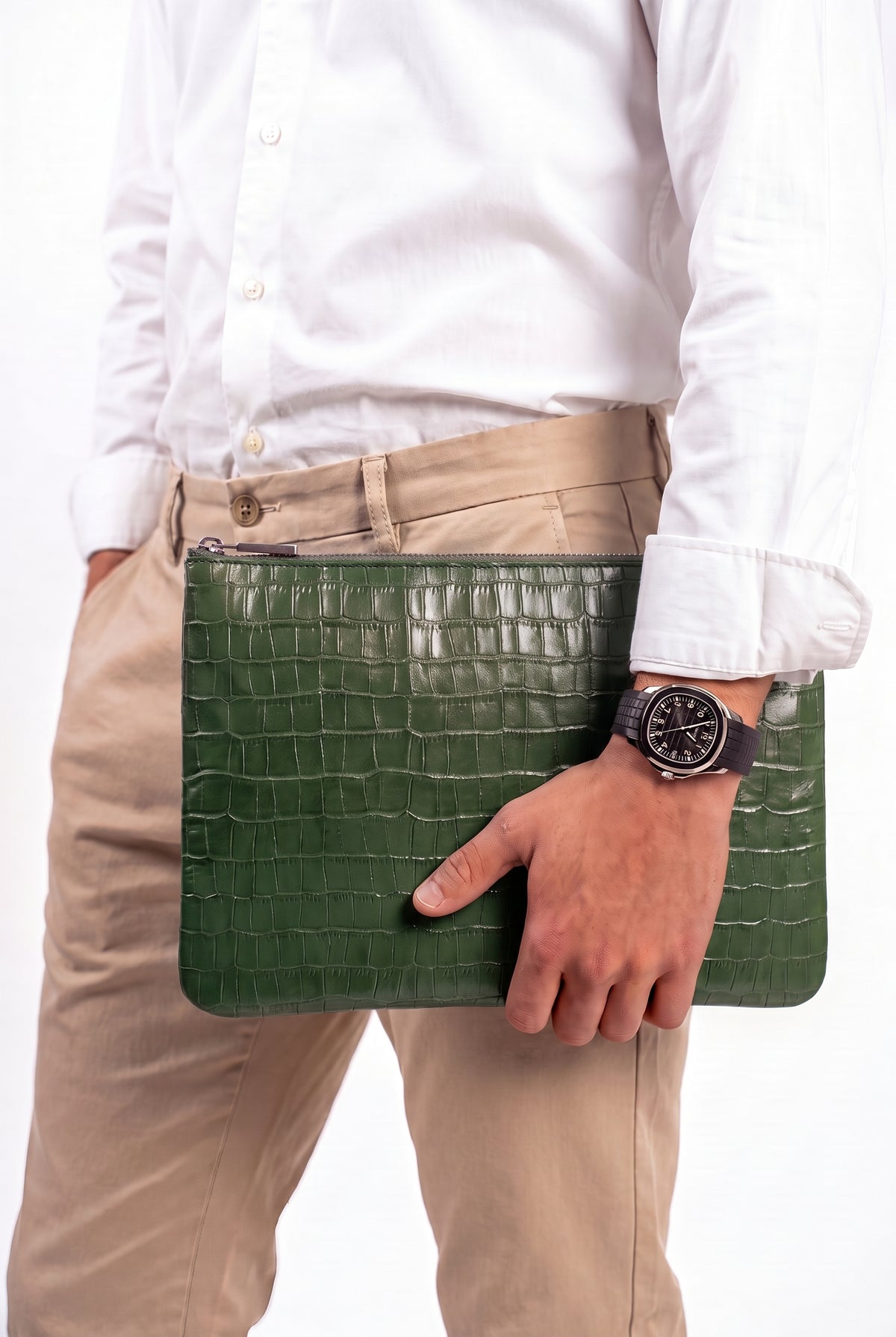 Mirsino Crocodile Embossed Pouch | Green