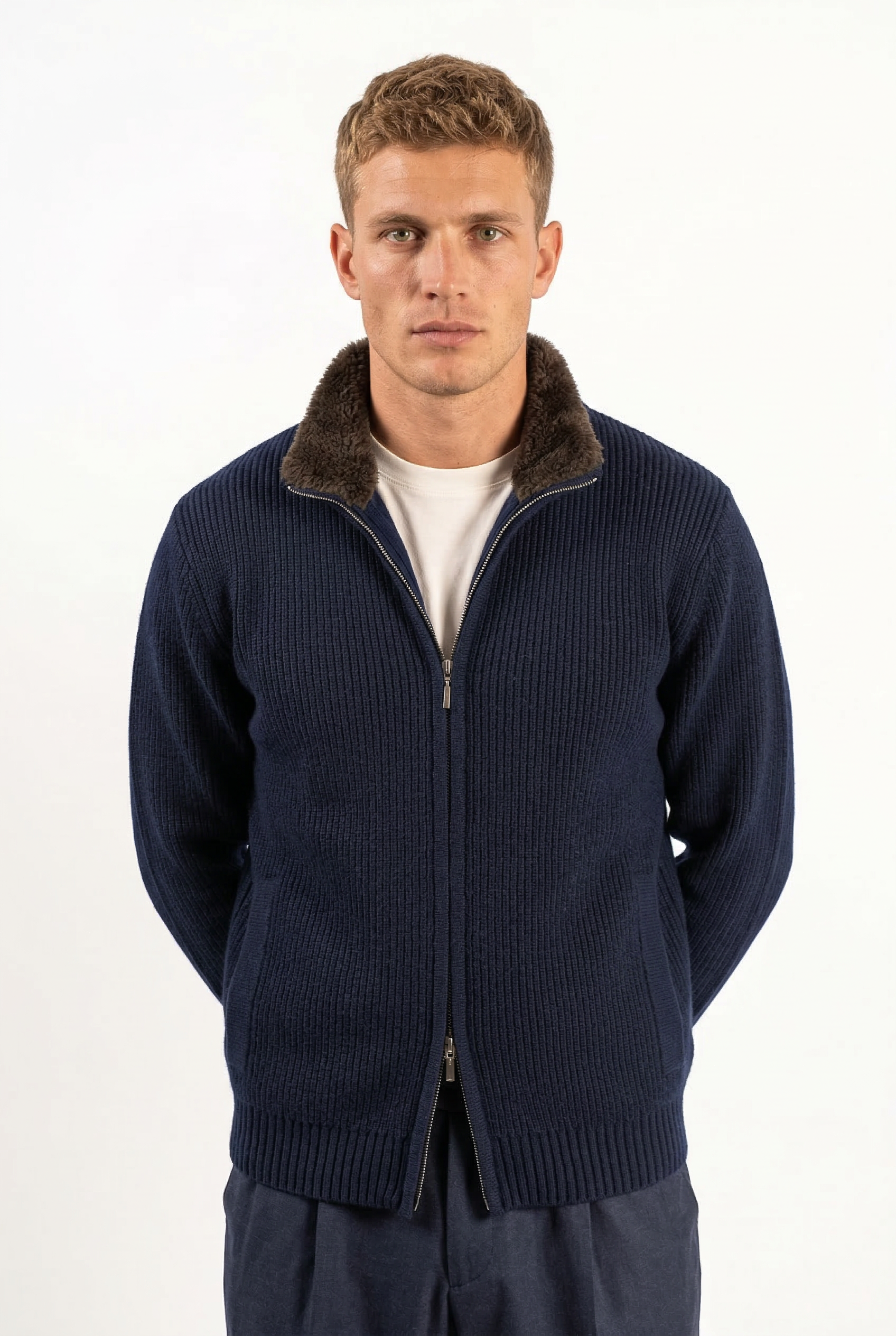 Fur Collar Wool Blouson Navy