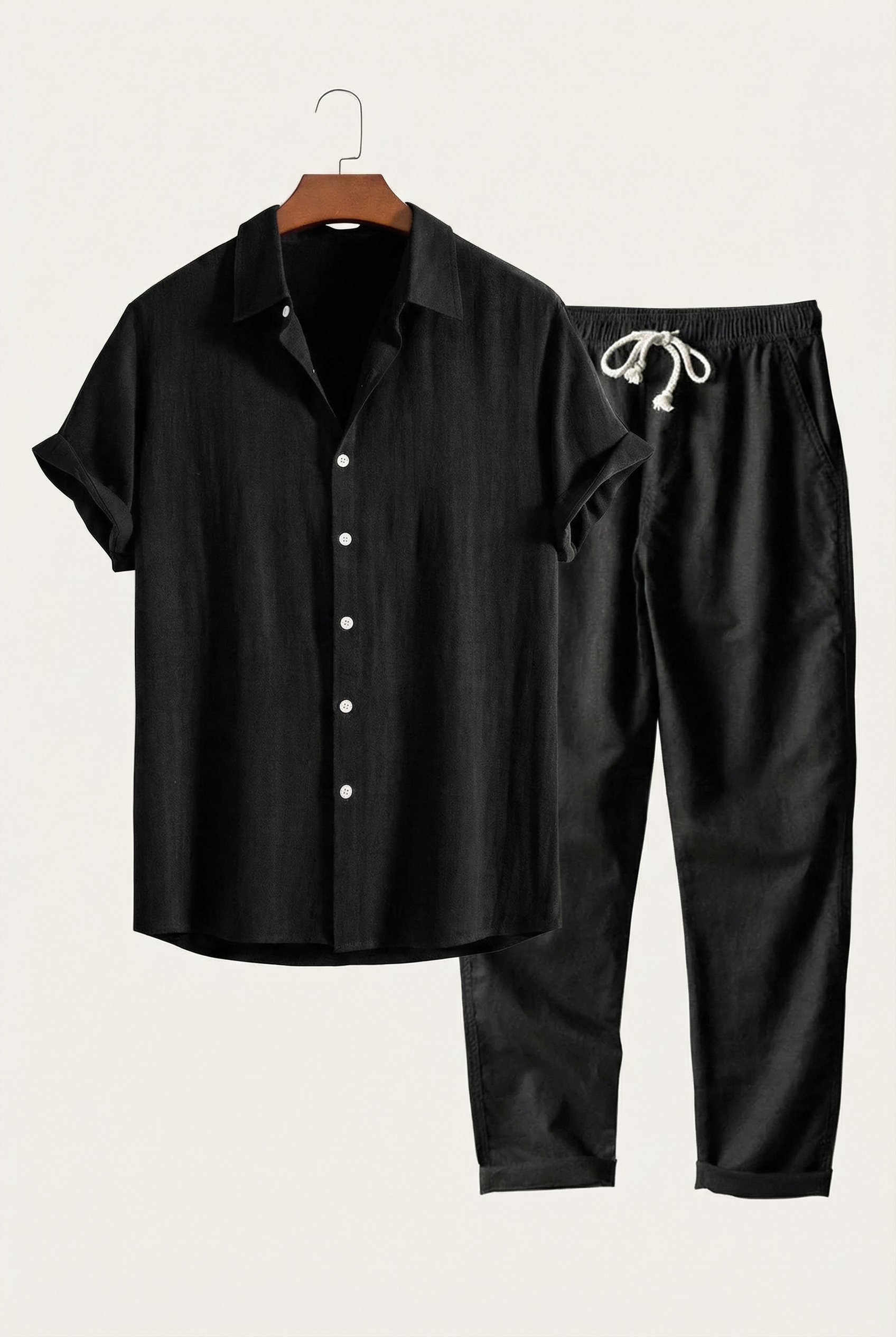 Linen Rayon Blend Up Shirt & Straight Leg Linen Pants Black