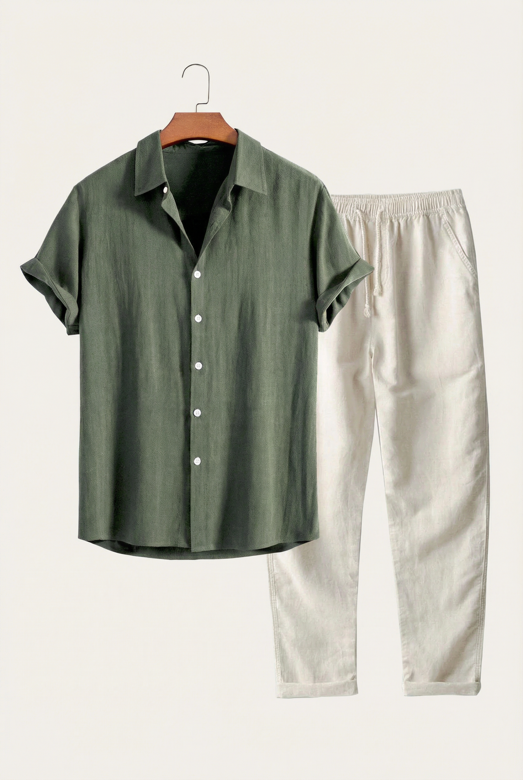 Linen Rayon Blend Up Shirt & Straight Leg Linen Pants Darkgreen