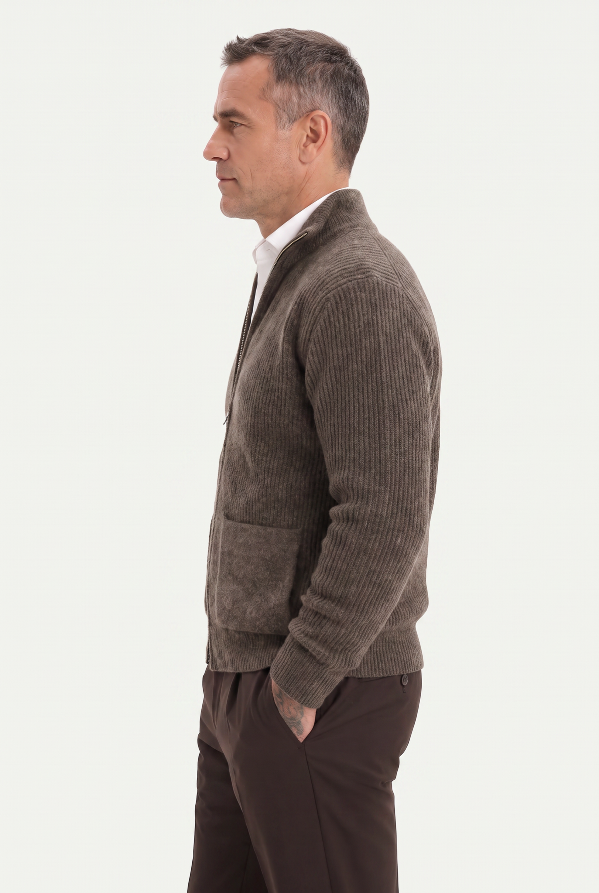 Mirsino Rib Knit Zip Cardigan Brown/Olive