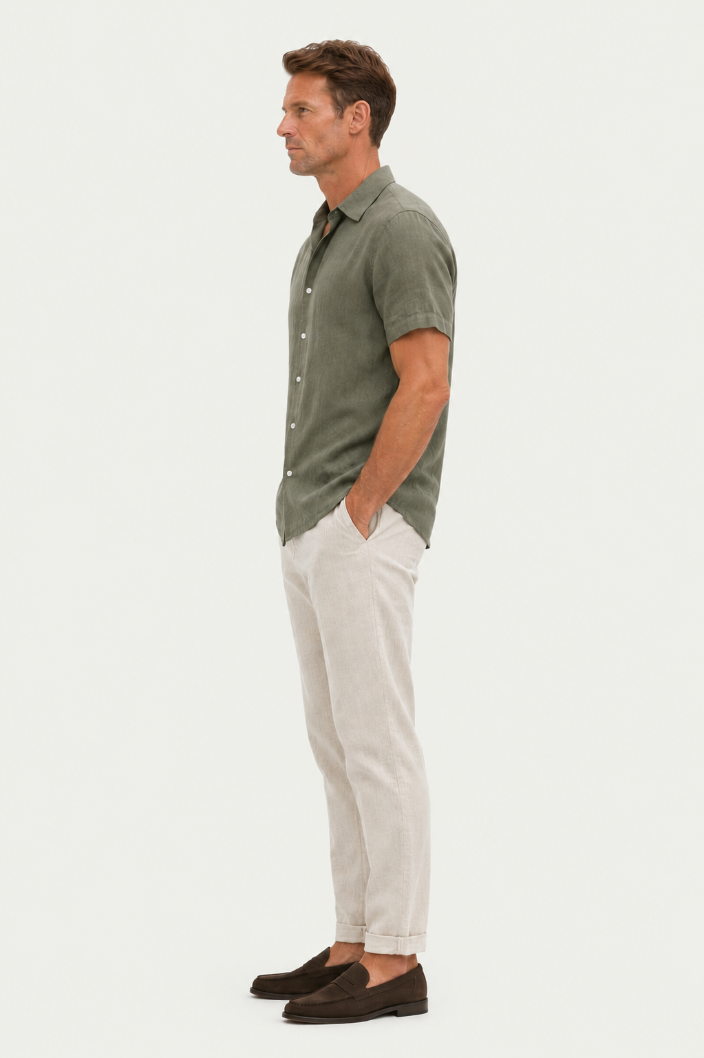 Linen Rayon Blend Up Shirt & Straight Leg Linen Pants Darkgreen