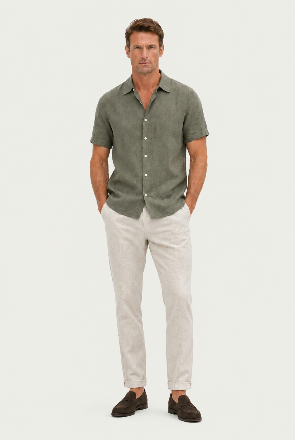 Linen Rayon Blend Up Shirt & Straight Leg Linen Pants Darkgreen
