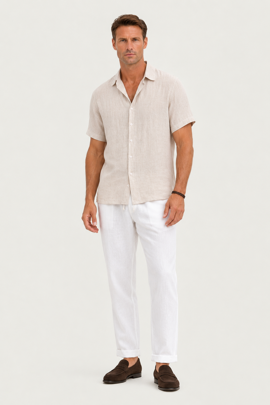 Linen Rayon Blend Up Shirt & Straight Leg Linen Pants Beige