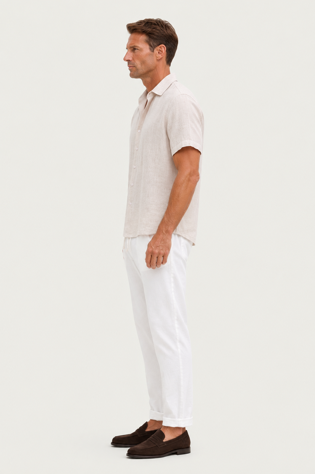 Linen Rayon Blend Up Shirt & Straight Leg Linen Pants Beige