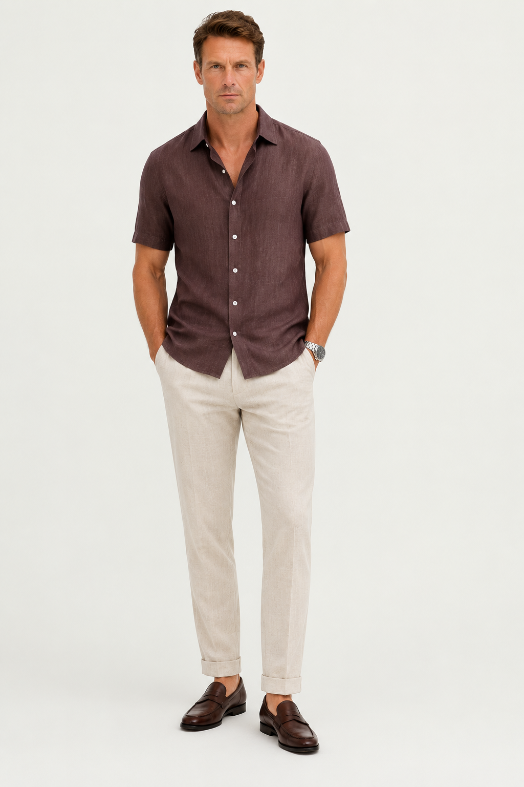 Linen Rayon Blend Up Shirt & Straight Leg Linen Pants Coffee