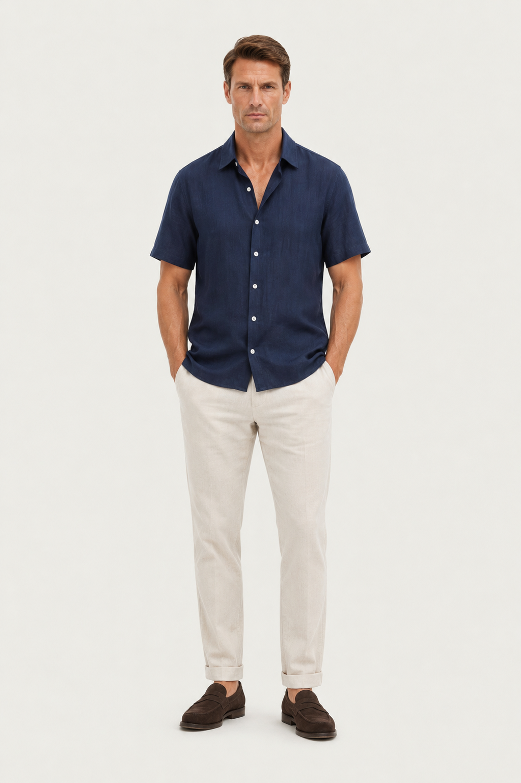 Linen Rayon Blend Button Up Shirt & Straight Leg Linen Pants Navy