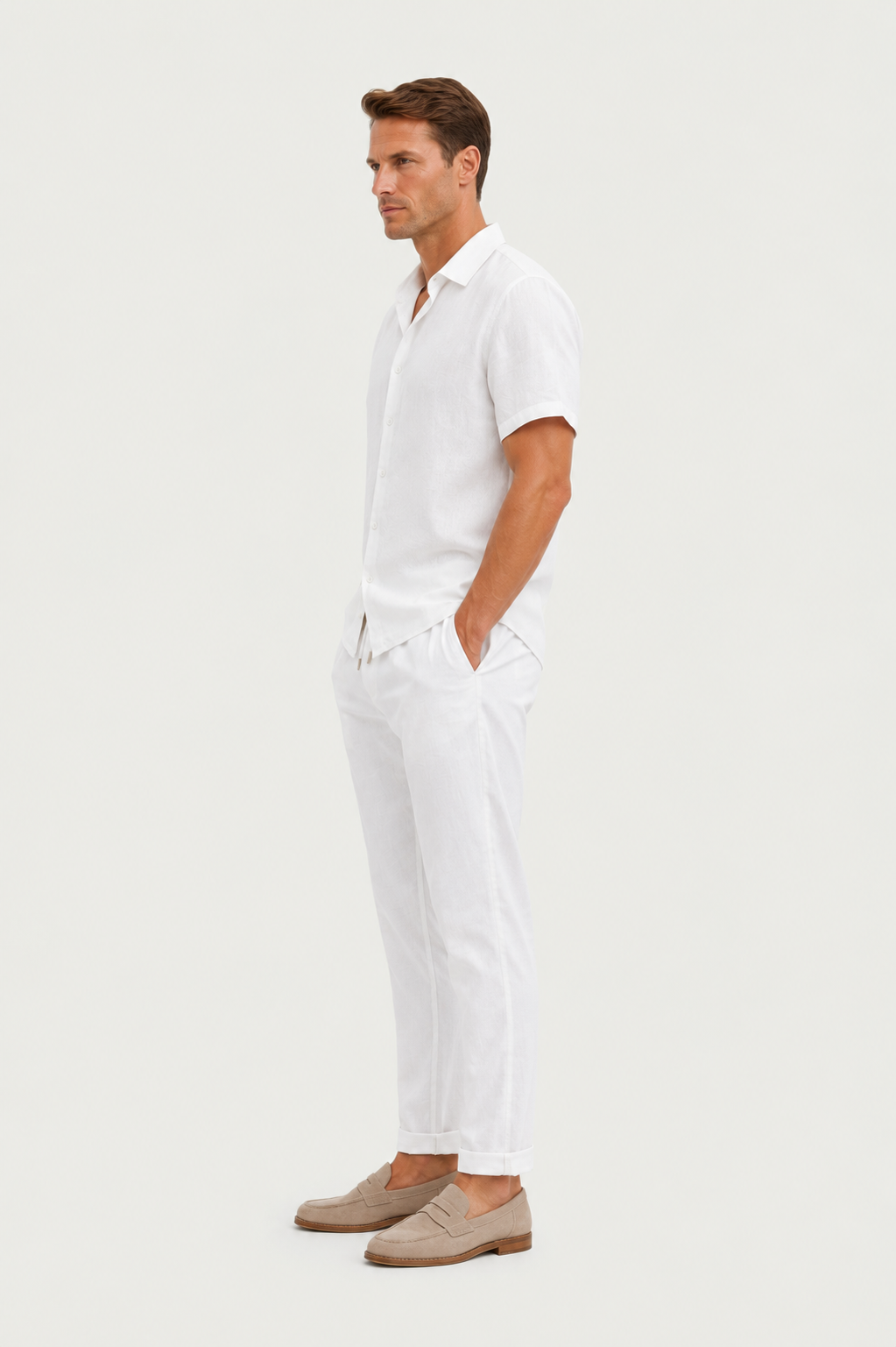Linen Rayon Blend Up Shirt & Straight Leg Linen Pants White