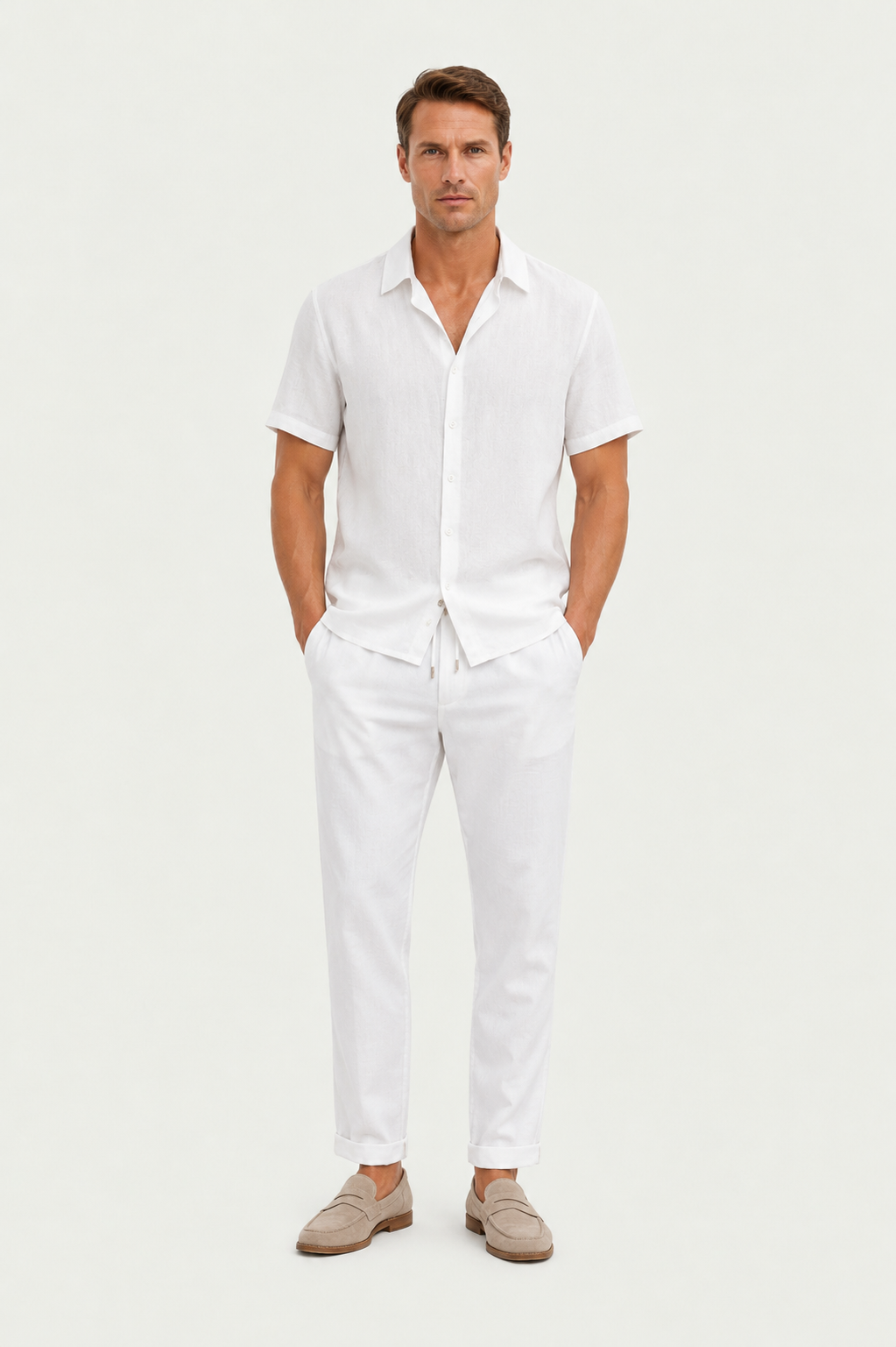 Linen Rayon Blend Up Shirt & Straight Leg Linen Pants White