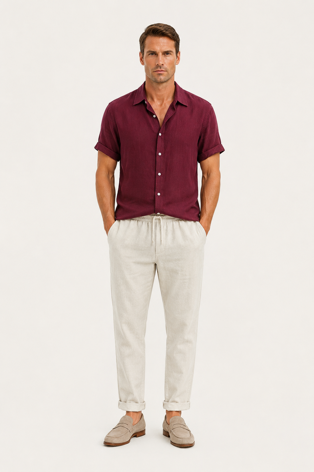 Linen Rayon Blend Up Shirt & Straight Leg Linen Pants Maroon