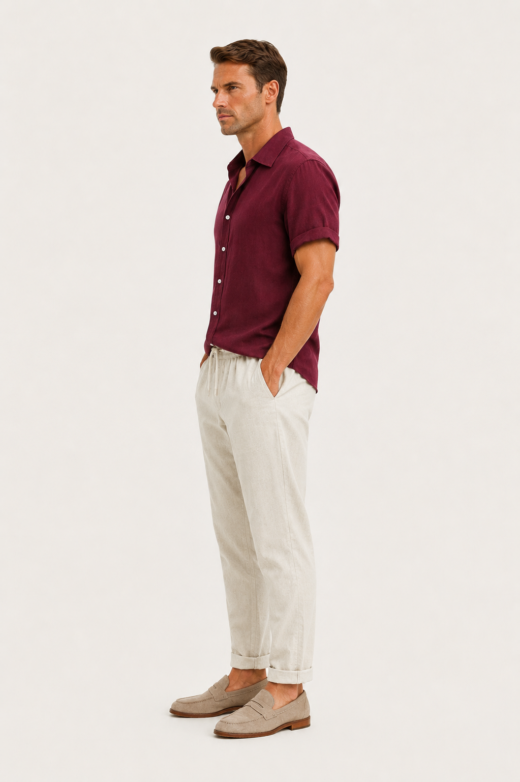 Linen Rayon Blend Up Shirt & Straight Leg Linen Pants Maroon