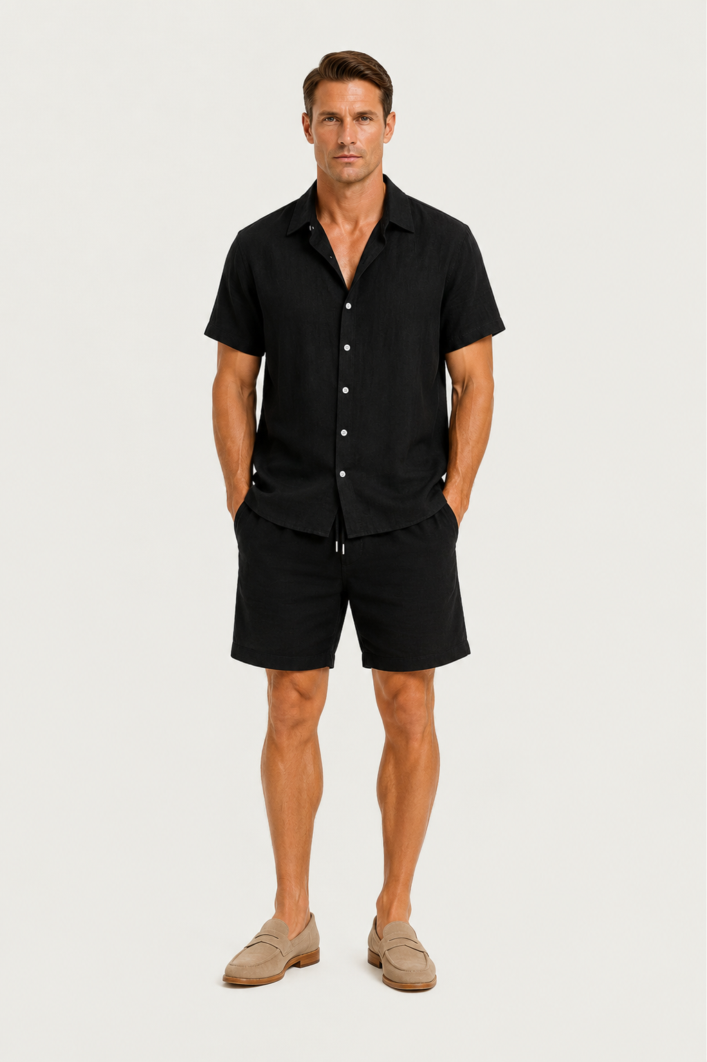 Linen Rayon Blend Button Up Shirt Black