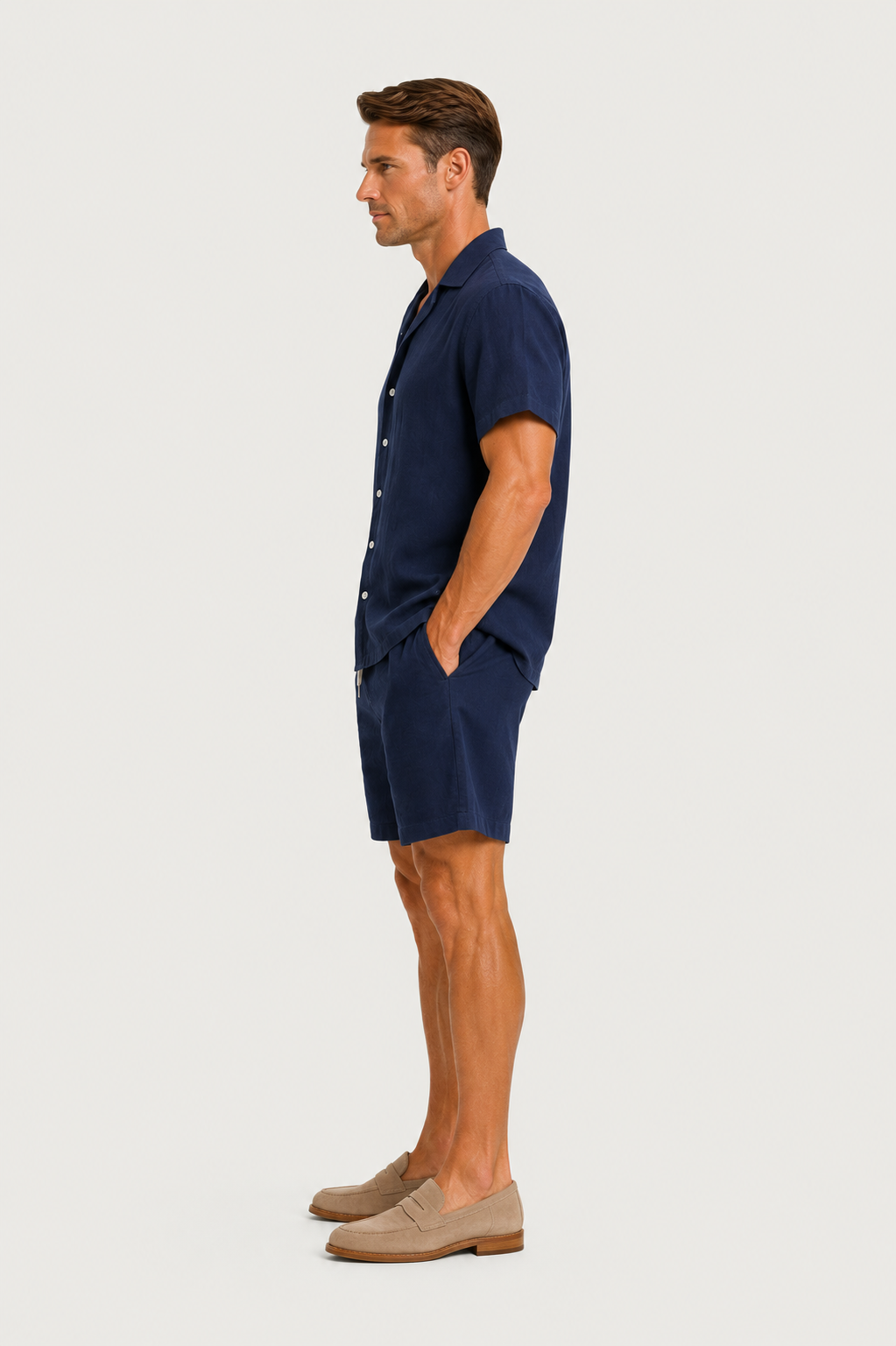 Linen Rayon Blend Button Up Shirt Navy