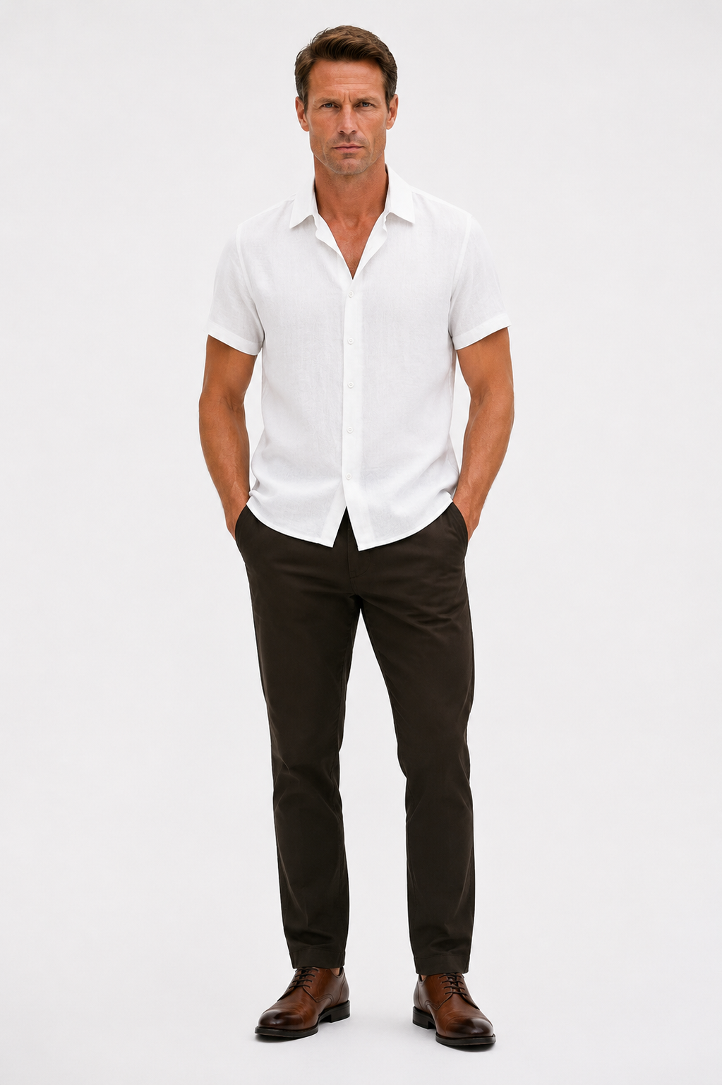 Linen Rayon Blend Button Up Shirt White