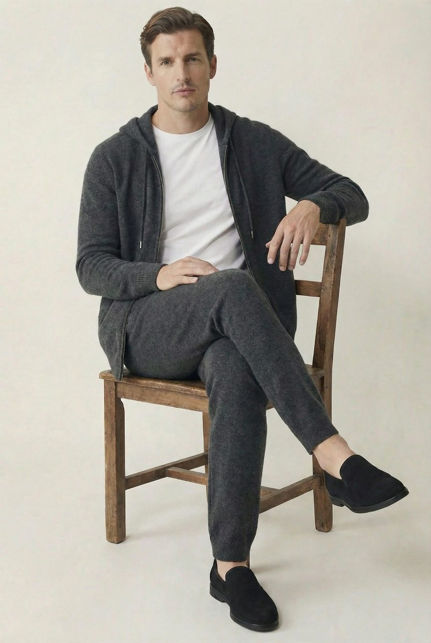 Premium Hooded Wool Zip Set - Charcoal Black