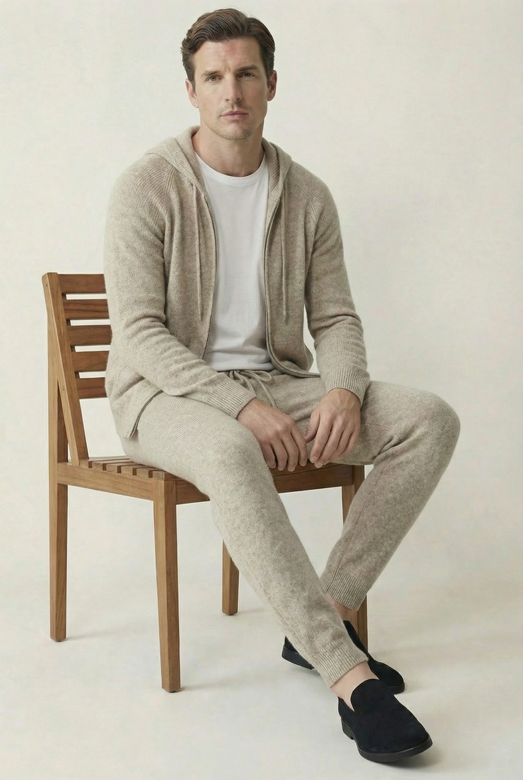 Premium Hooded Wool Zip Set - Sand