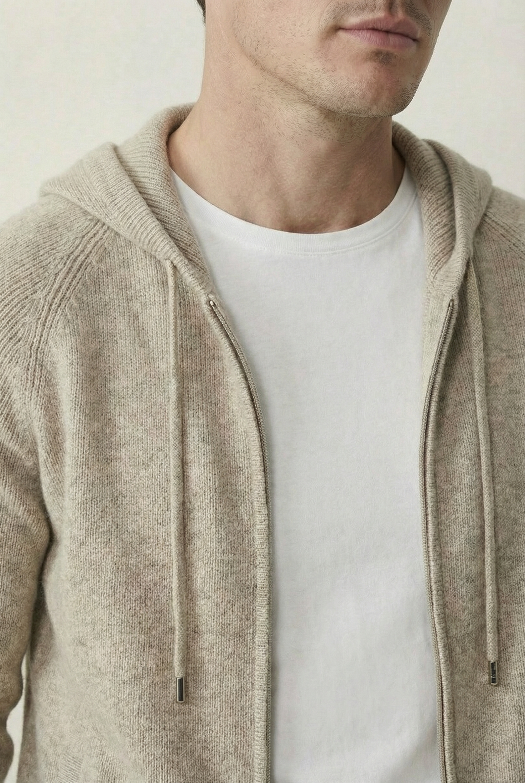 Premium Hooded Wool Zip Set - Sand
