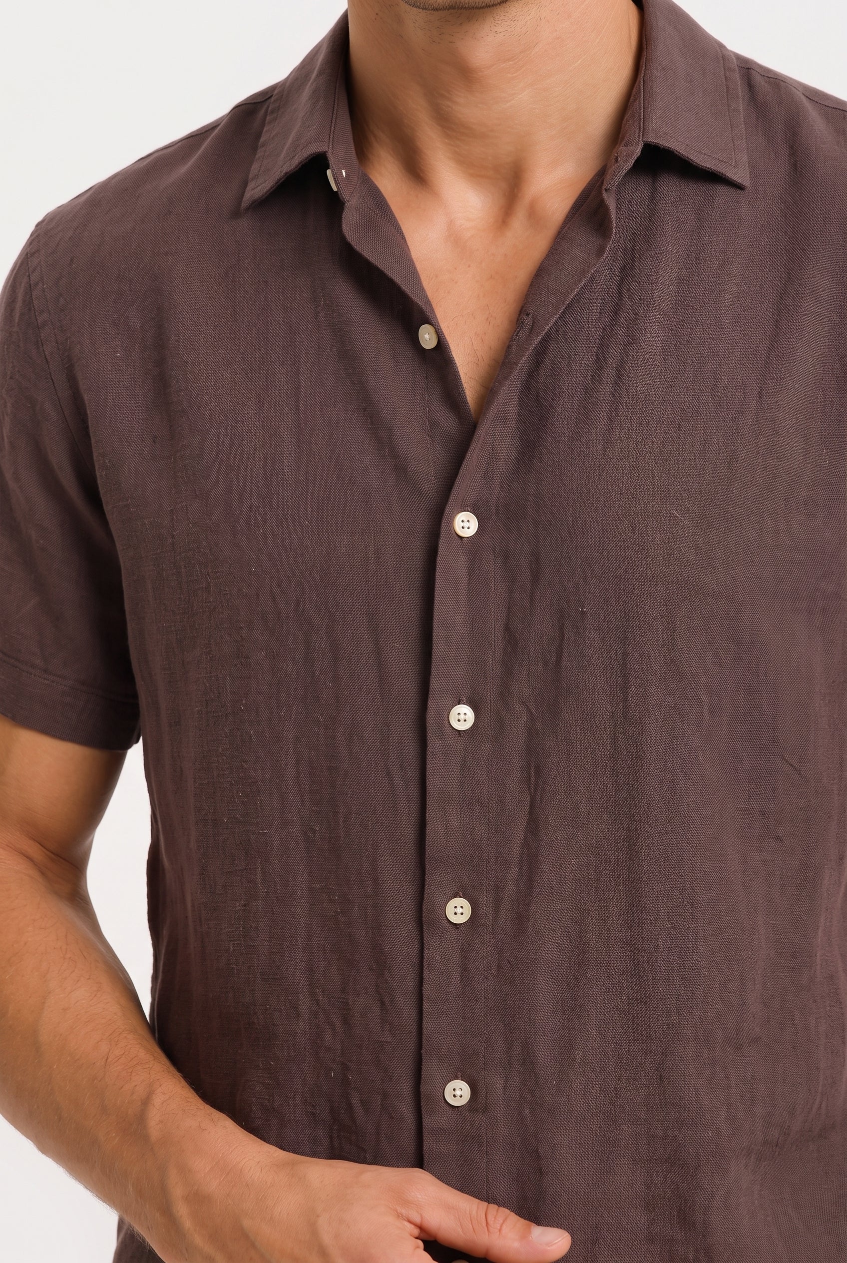 Linen Rayon Blend Button Up Shirt Coffee
