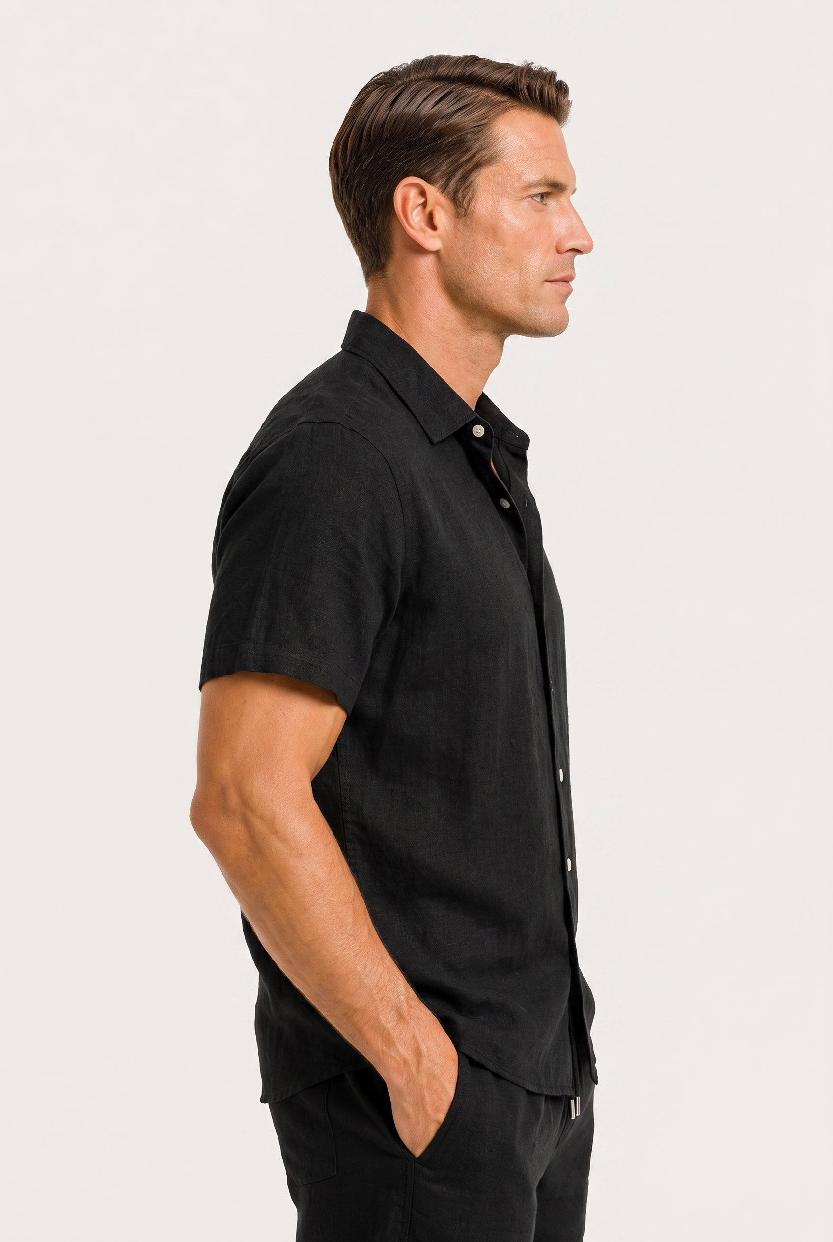 Linen Rayon Blend Button Up Shirt Black