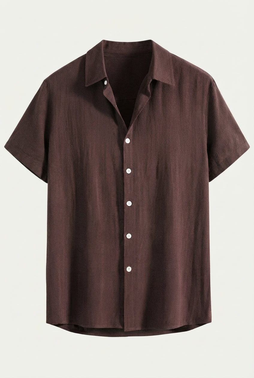 Linen Rayon Blend Button Up Shirt Coffee