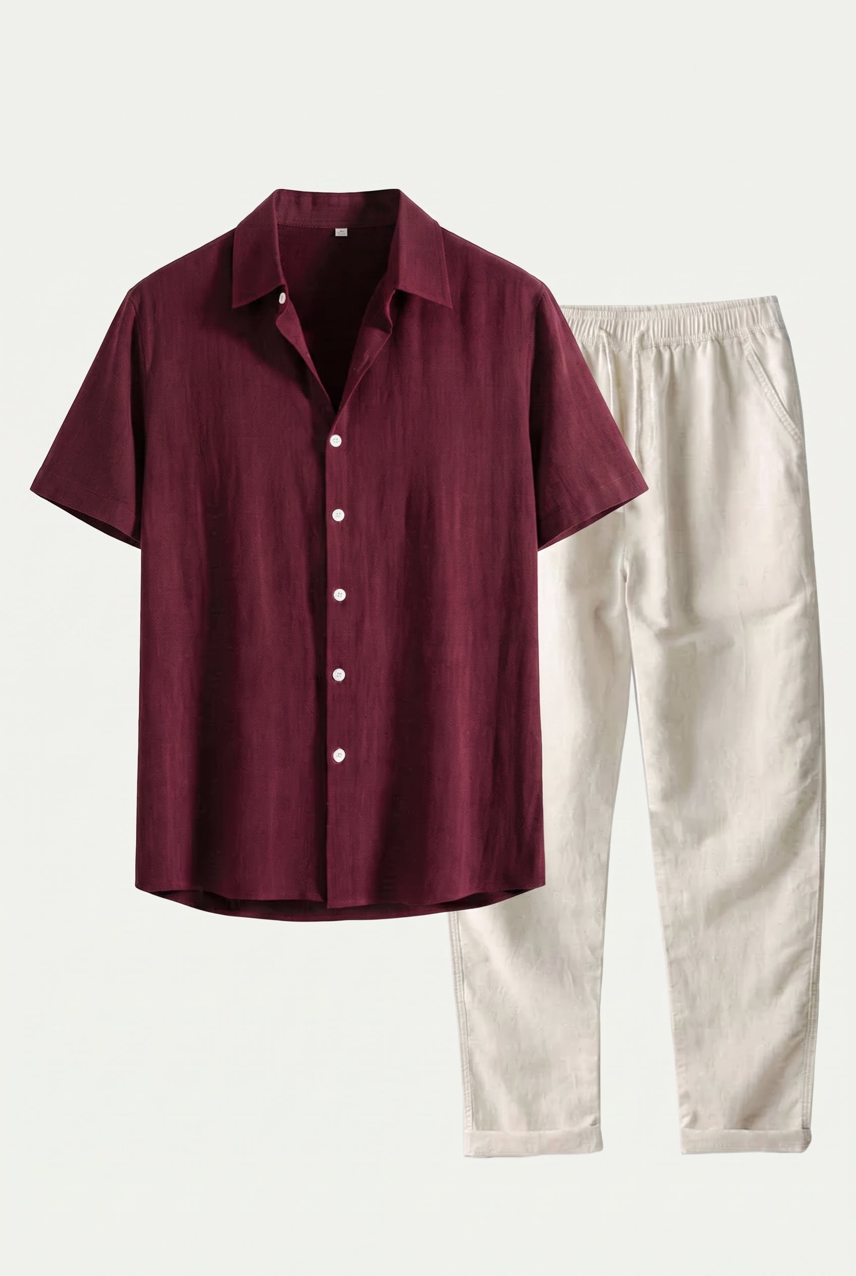 Linen Rayon Blend Up Shirt & Straight Leg Linen Pants Maroon