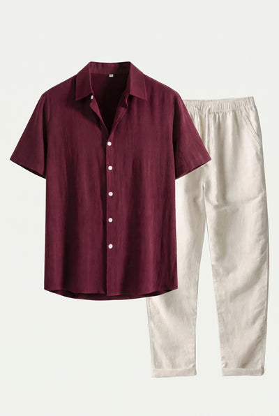 Linen Rayon Blend Up Shirt & Straight Leg Linen Pants Maroon