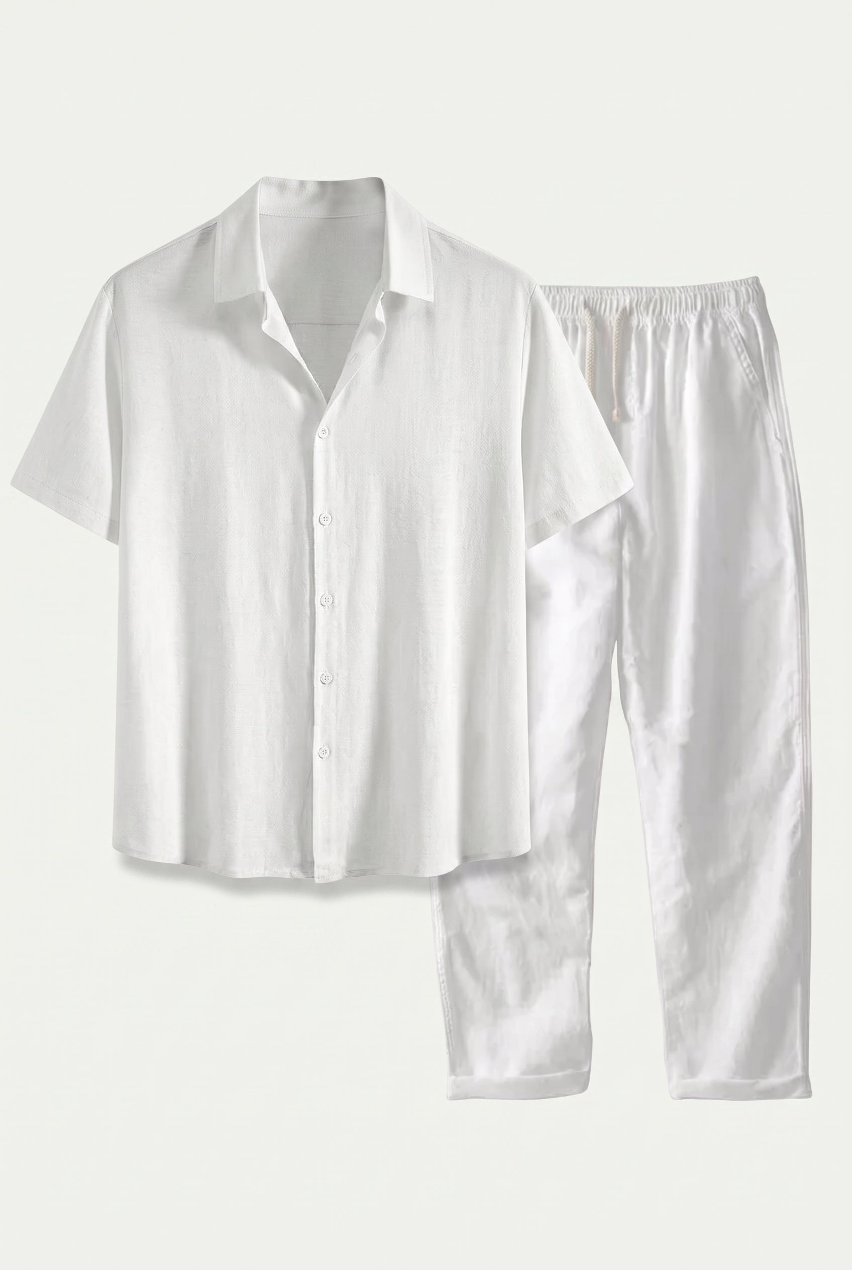 Linen Rayon Blend Up Shirt & Straight Leg Linen Pants White