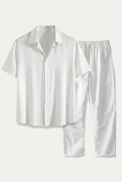 Linen Rayon Blend Up Shirt & Straight Leg Linen Pants White