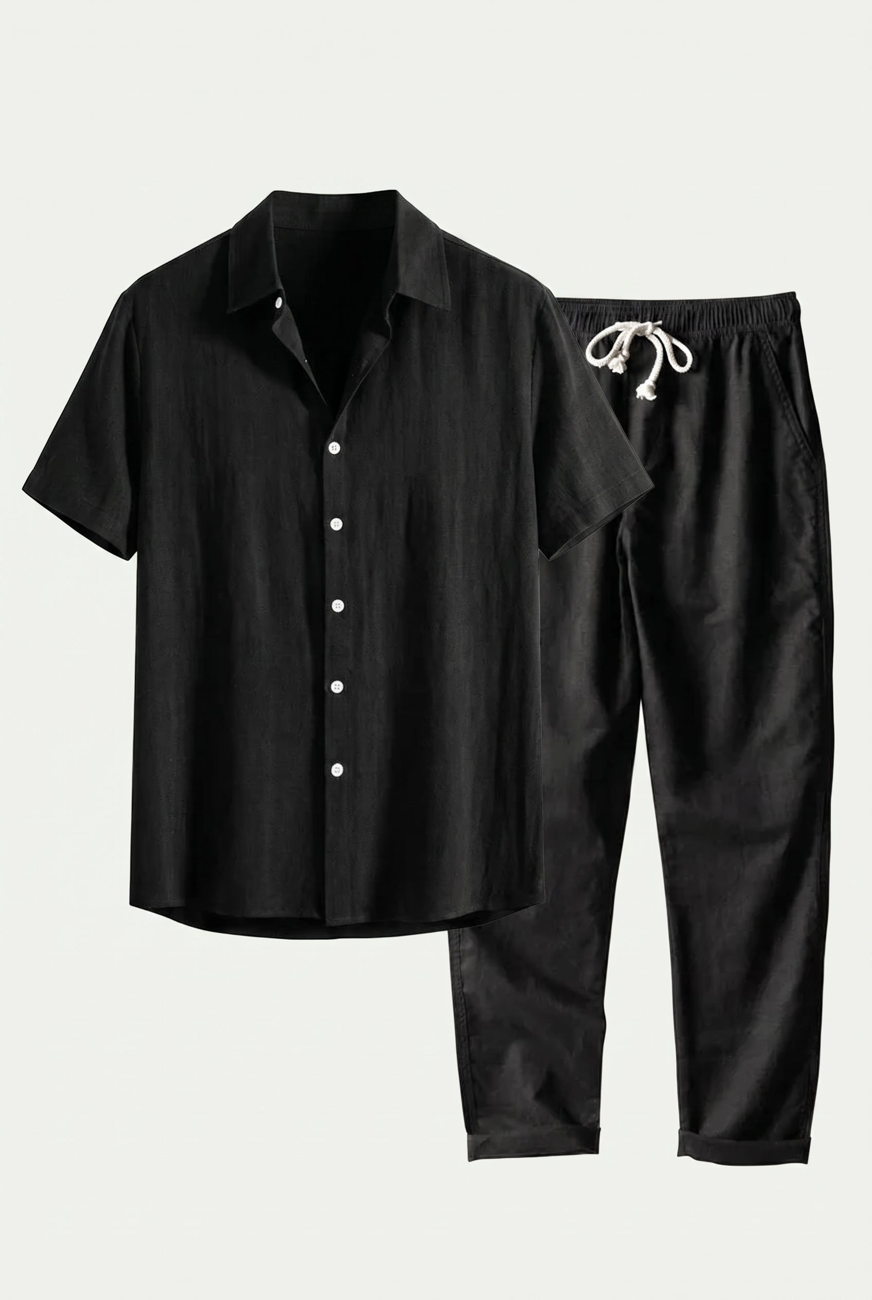 Linen Rayon Blend Up Shirt & Straight Leg Linen Pants Black