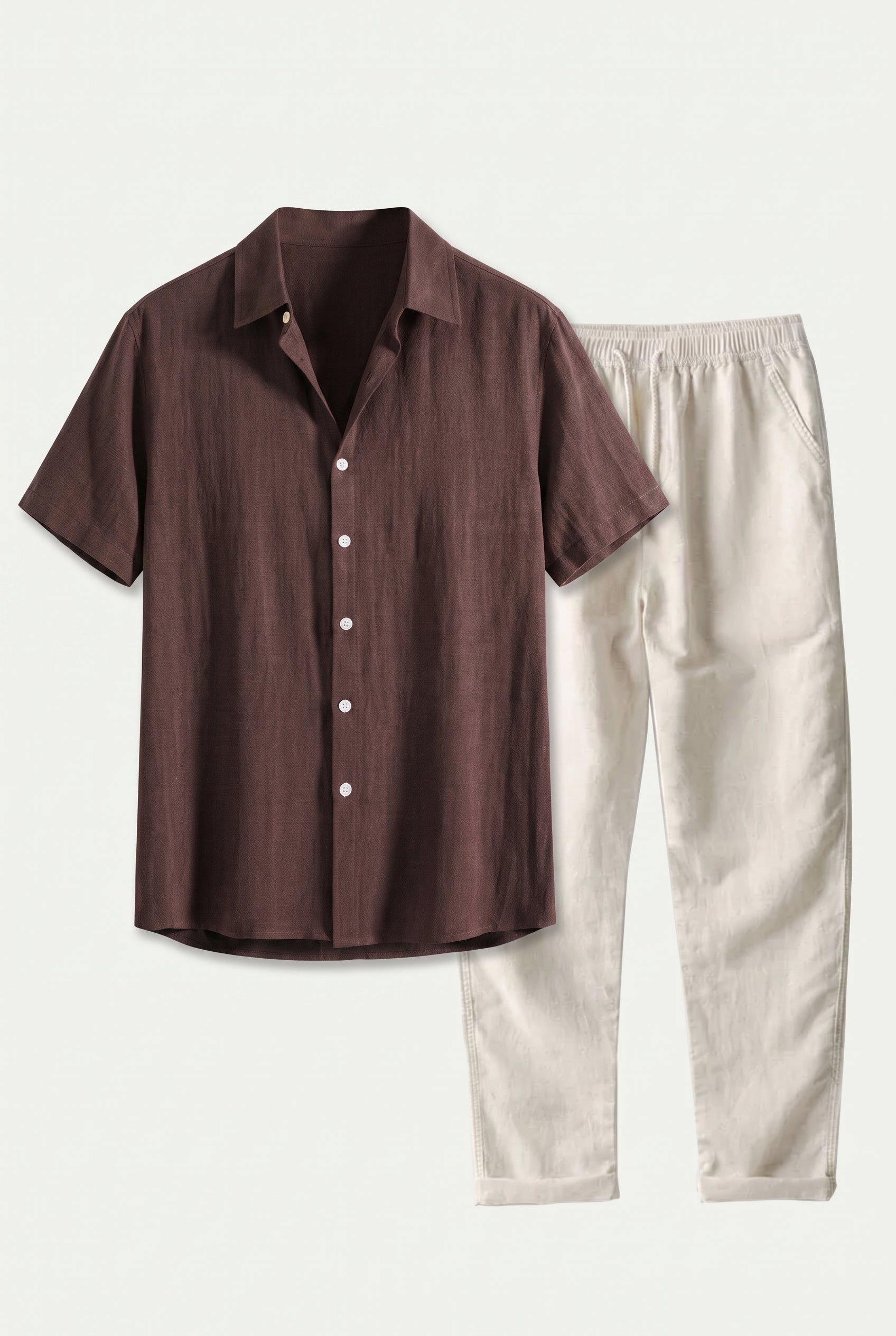 Linen Rayon Blend Up Shirt & Straight Leg Linen Pants Coffee