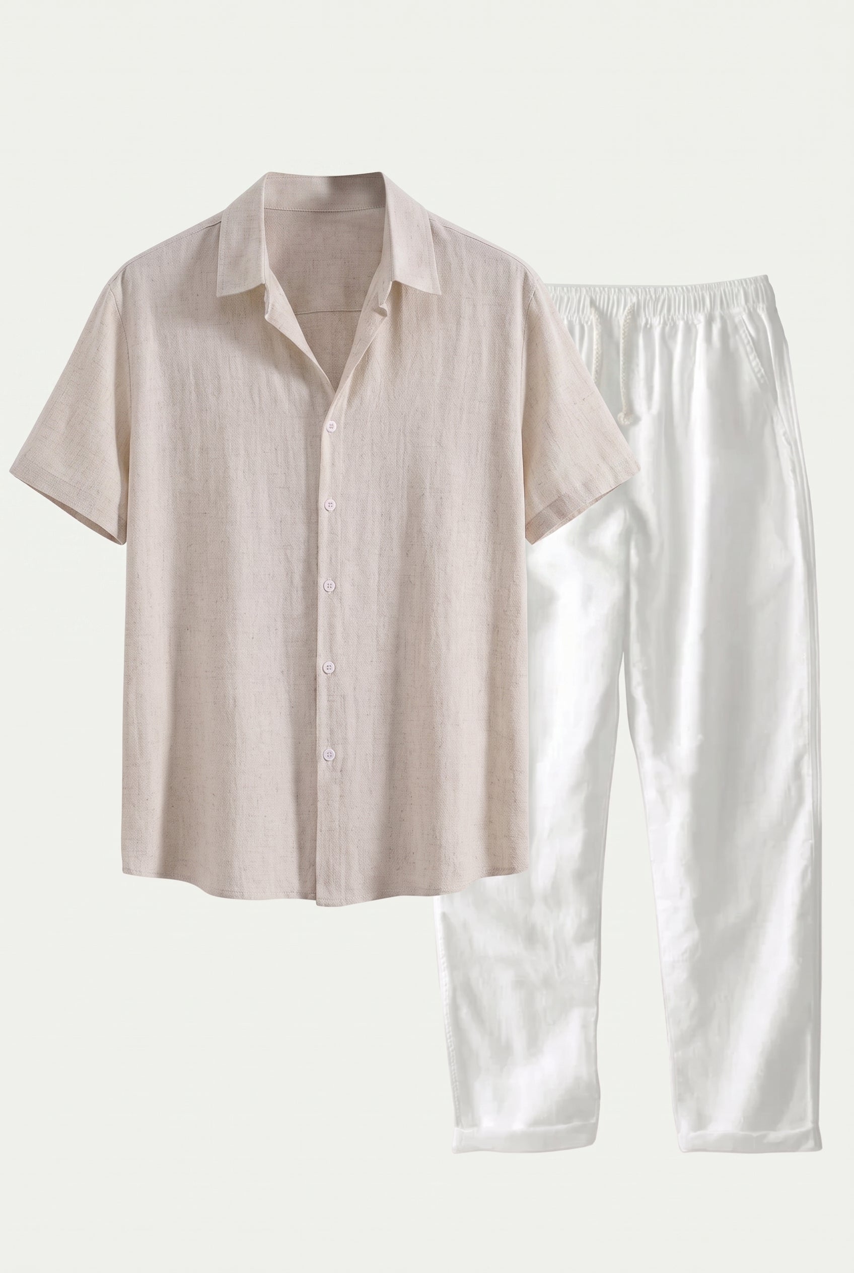Linen Rayon Blend Up Shirt & Straight Leg Linen Pants Beige