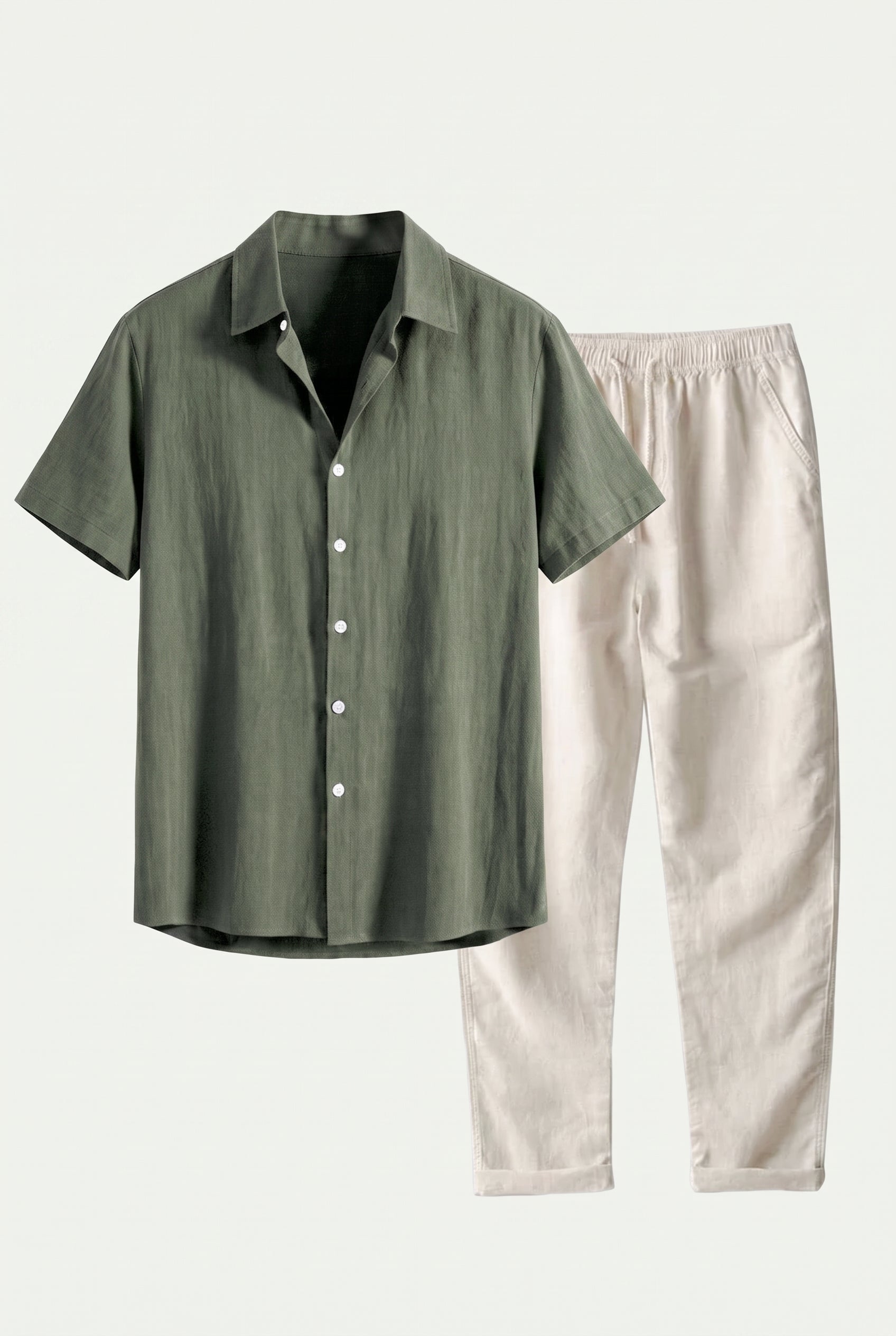 Linen Rayon Blend Up Shirt & Straight Leg Linen Pants Darkgreen