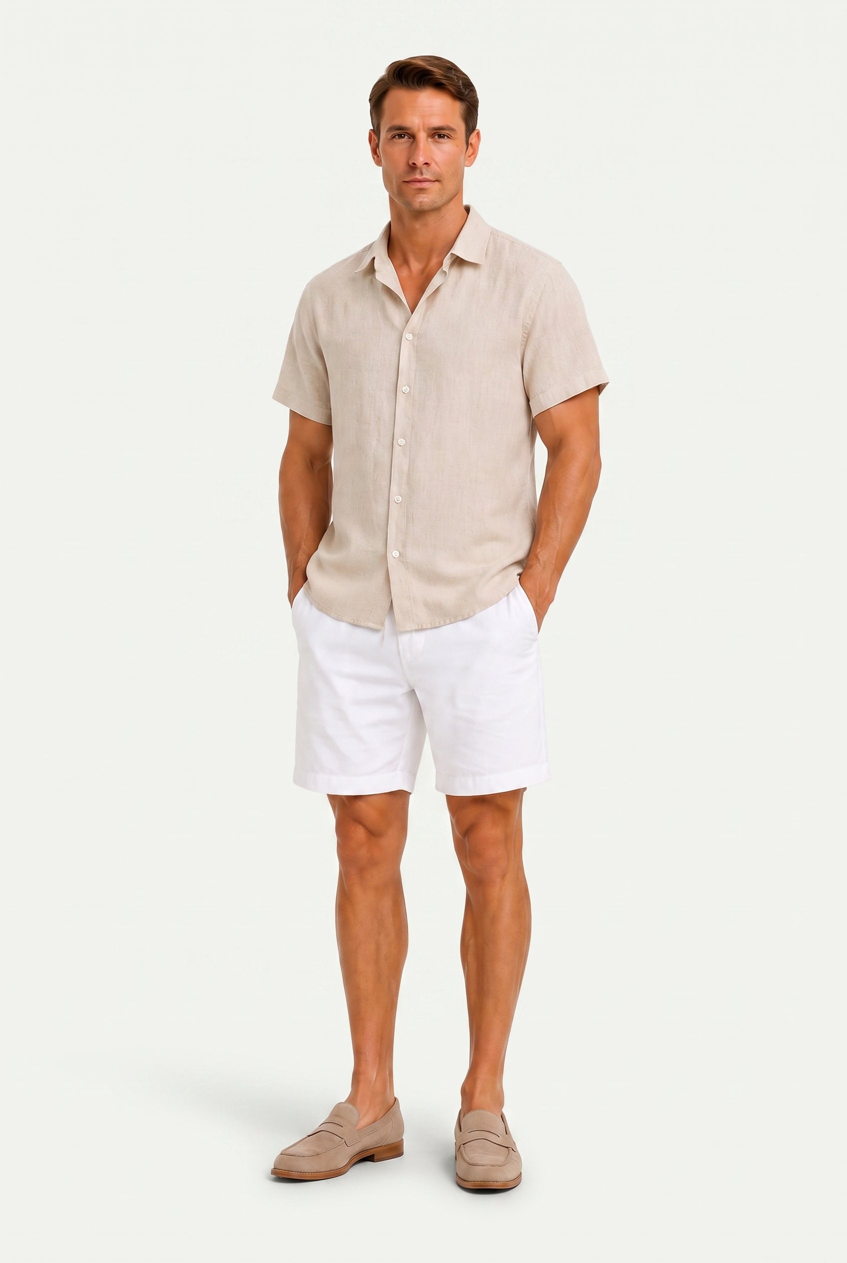 Linen Rayon Blend Button Up Shirt Beige