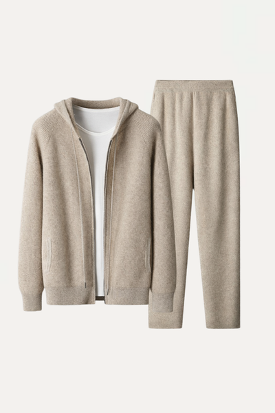 Premium Hooded Wool Zip Set - Sand