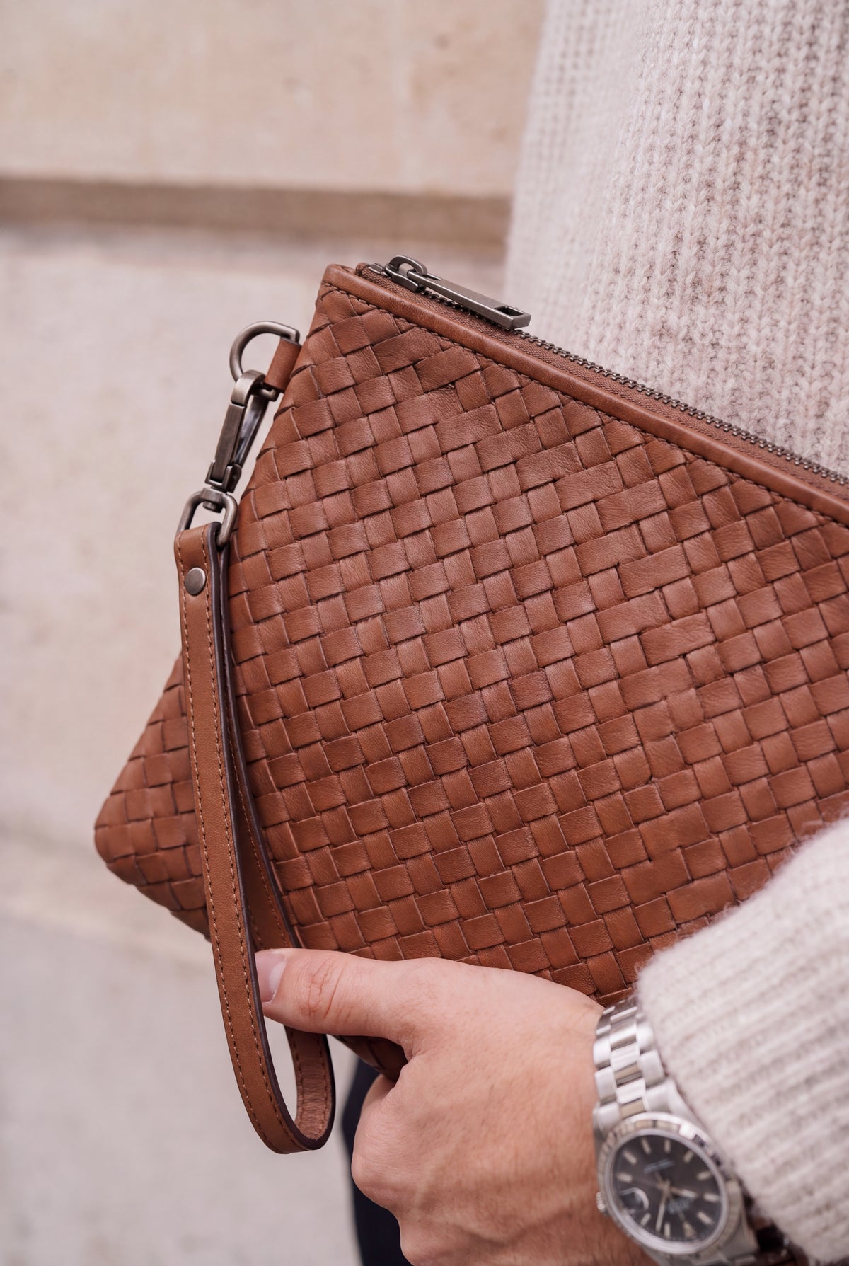 Mirsino Woven Leather Clutch - Brown