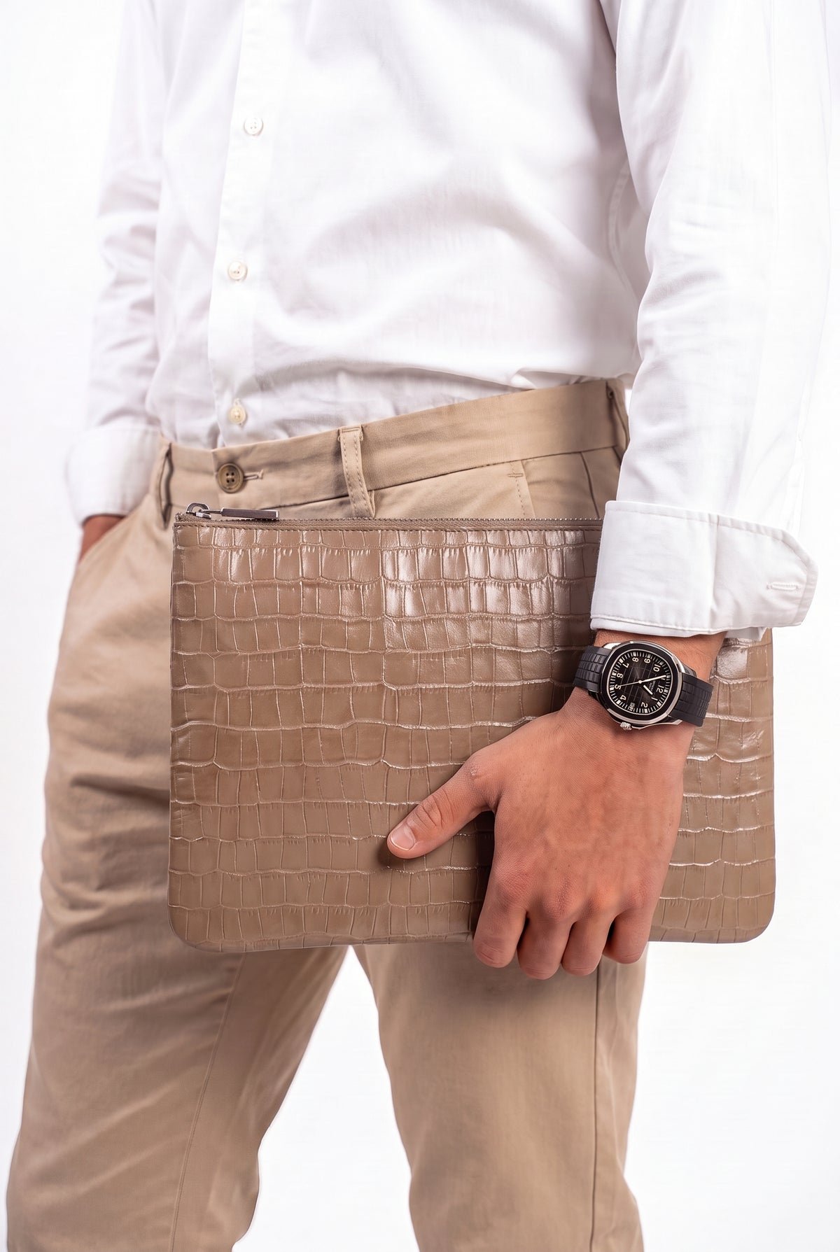 Mirsino Crocodile Embossed Pouch | Beige