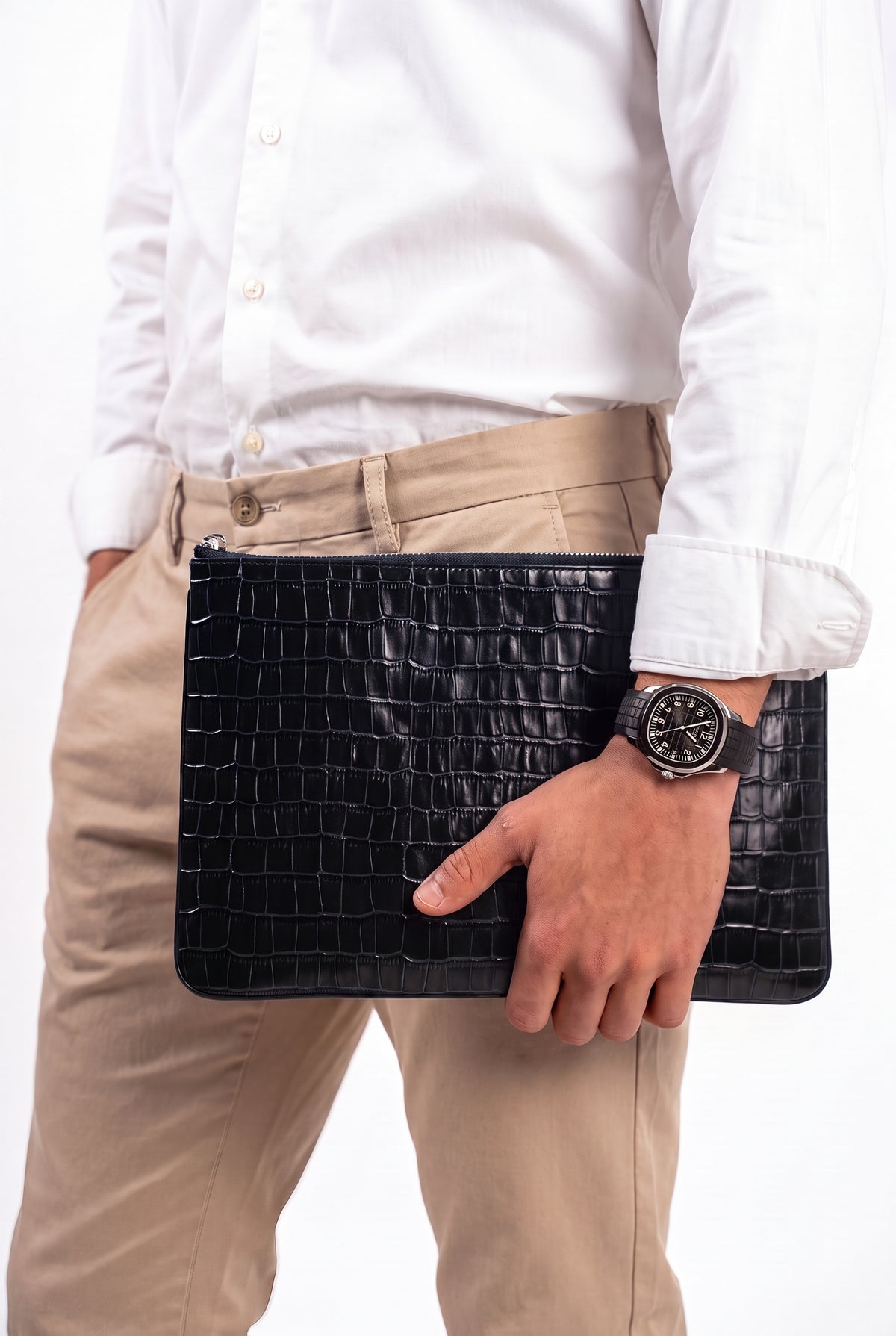 Mirsino Crocodile Embossed Pouch | Black
