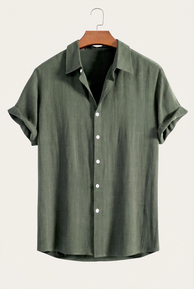 Linen Rayon Blend Button Up Shirt Darkgreen